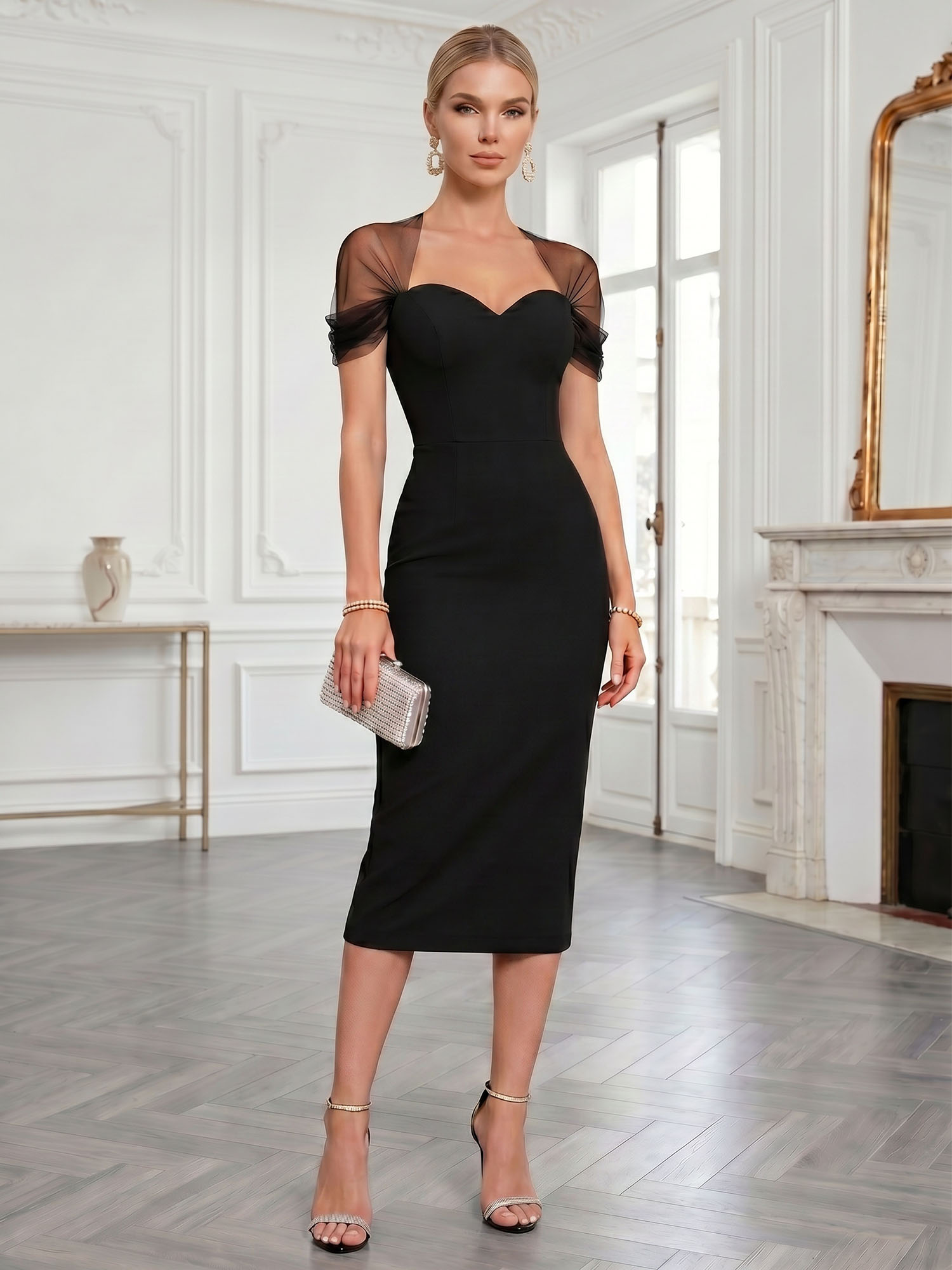 Sophisticated Black Mesh-Draped Sweetheart Midi Evening Gown