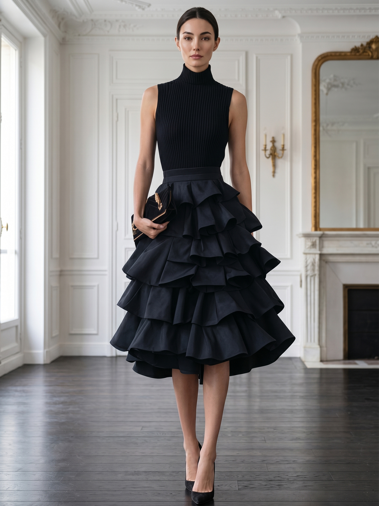 Avant-Garde Black High-Neck Tiered Ruffled Evening Gown