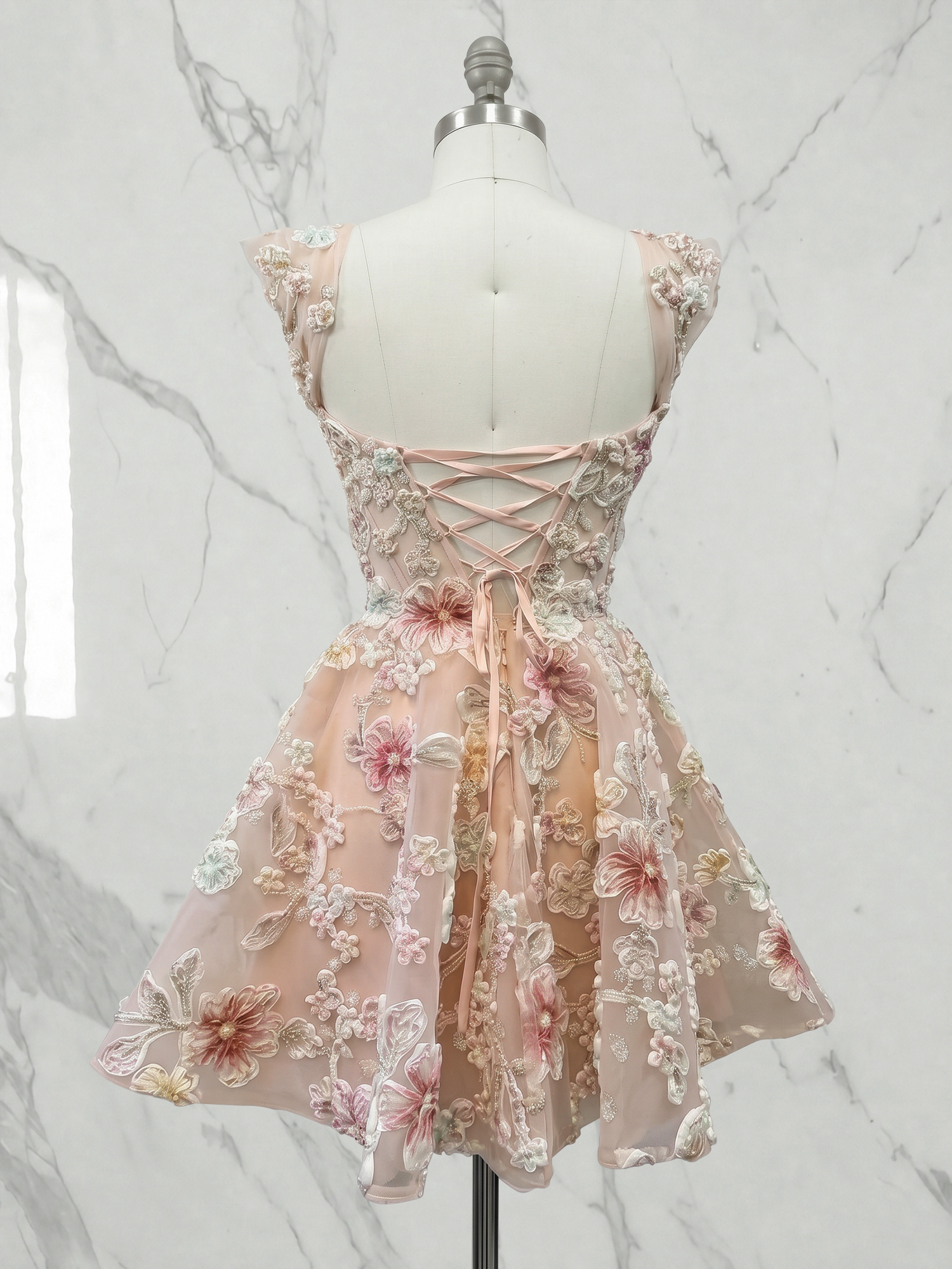 Enchanted Blush 3D Floral Corset Mini Dress with Off-the-Shoulder Sleeves Homcoming Dress