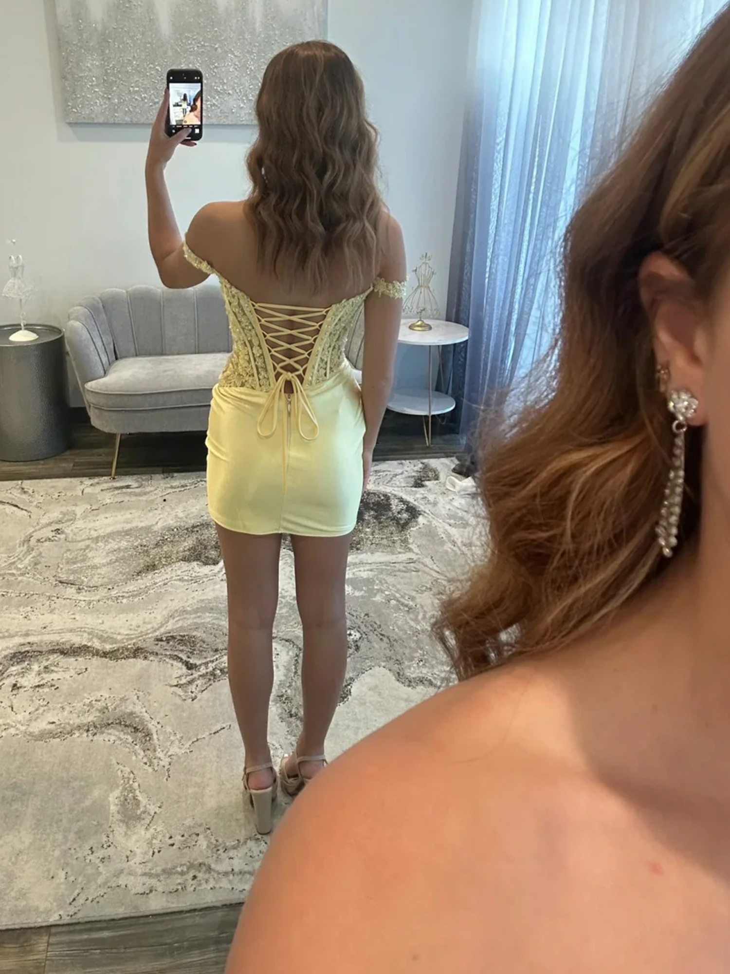 Radiant Butter Yellow Lace Corset Off-the-Shoulder Mini Dress Homecoming Dress