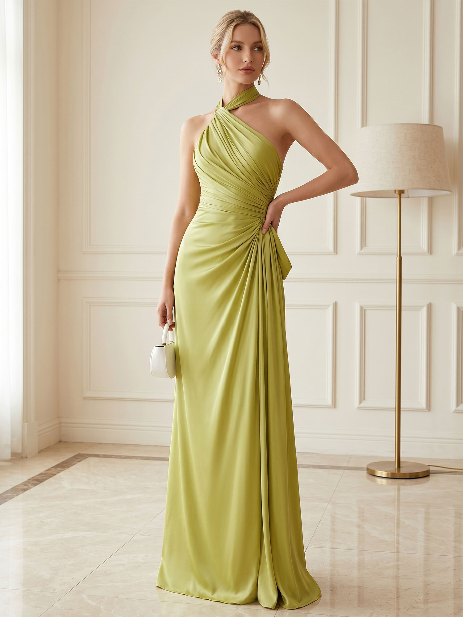 Chartreuse Glow Ruched Halter Satin Evening Dress