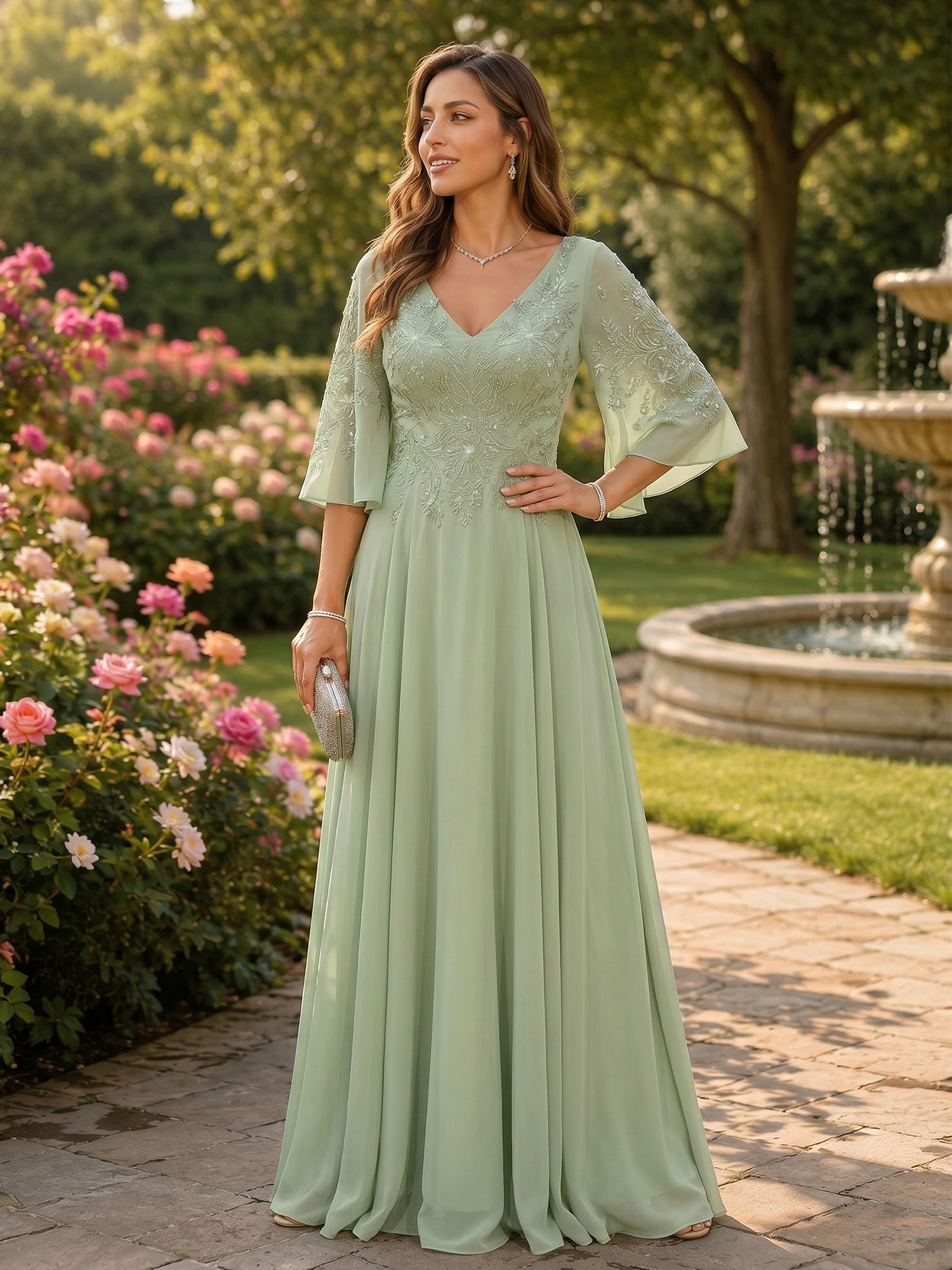 Sage Green A-Line Chiffon 3/4 Flutter Sleeves Mother of the Bride & Groom Dresses 