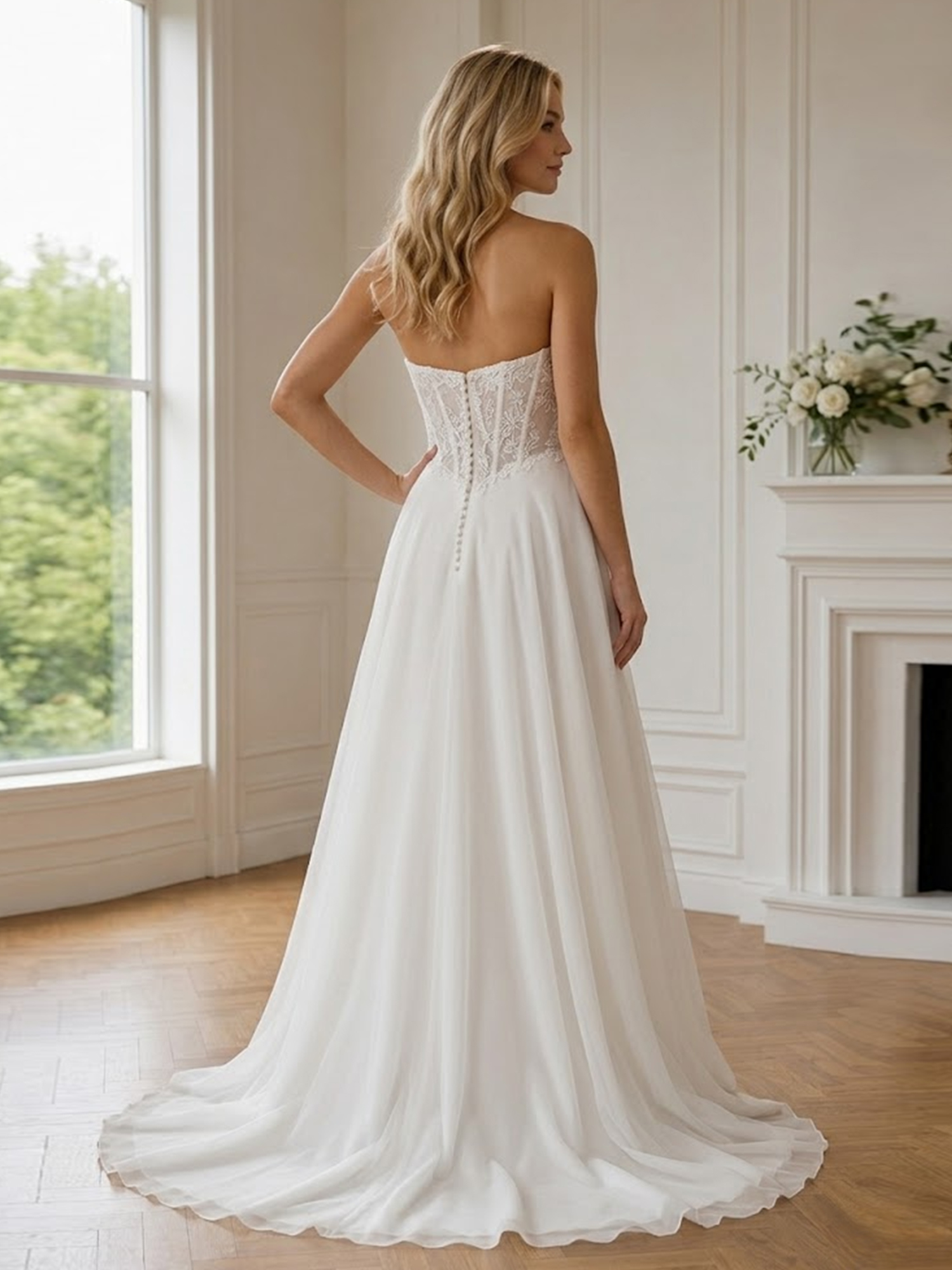 Sophisticated Ivory Lace Corset A-Line Wedding Dress with High Slit
