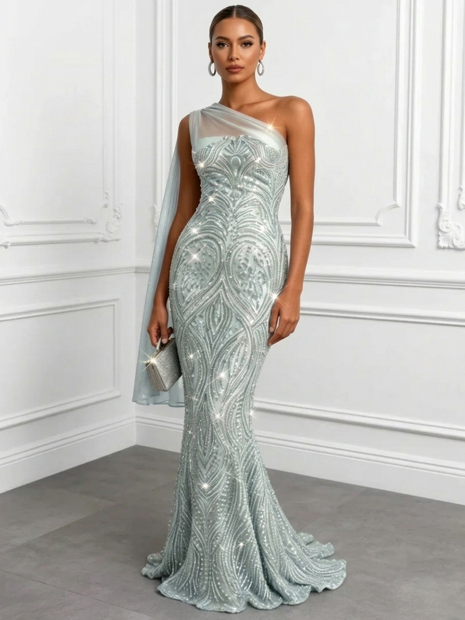 Shimmering Sage One-Shoulder Sequin Mermaid Evening Dress