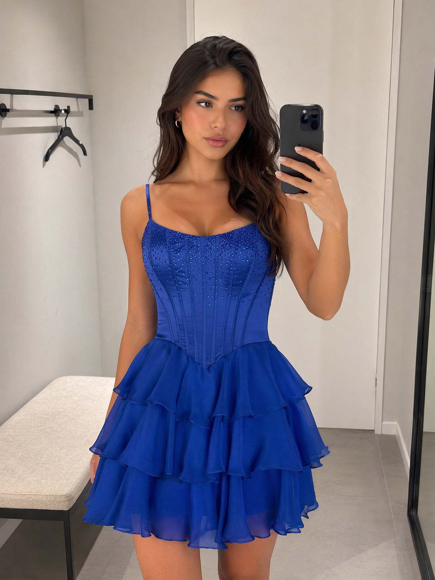 Royal Blue Rhinestone Corset Tiered Ruffle Homecoming Dress