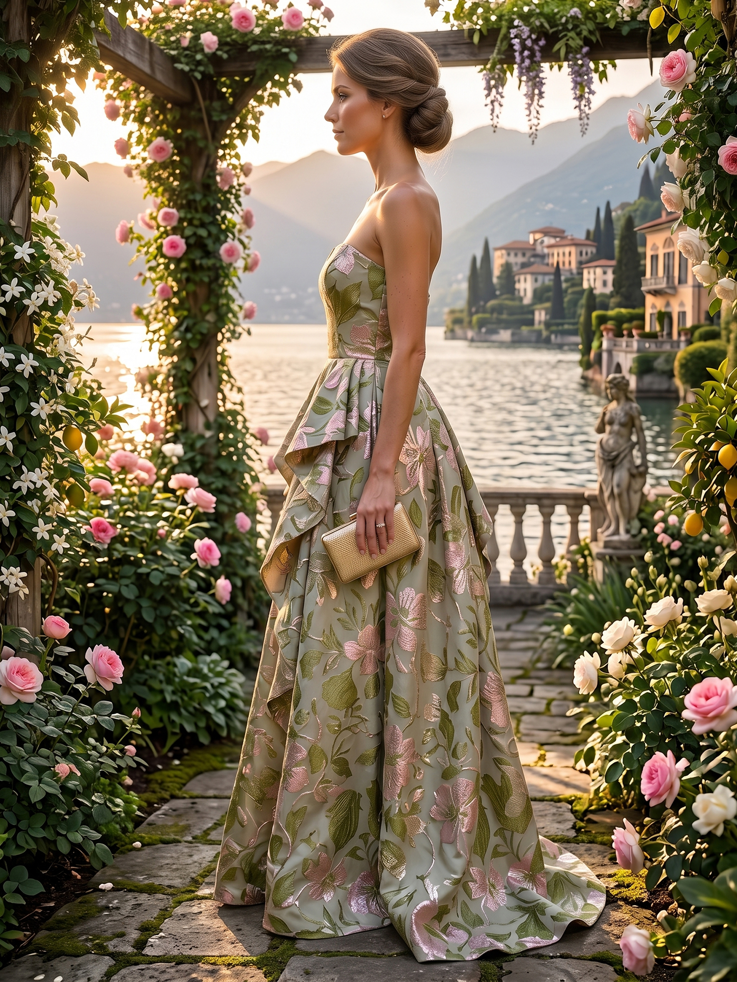 Sage Green Botanical Elegance Floral Jacquard Strapless Mother of the Bride & Groom Dresses