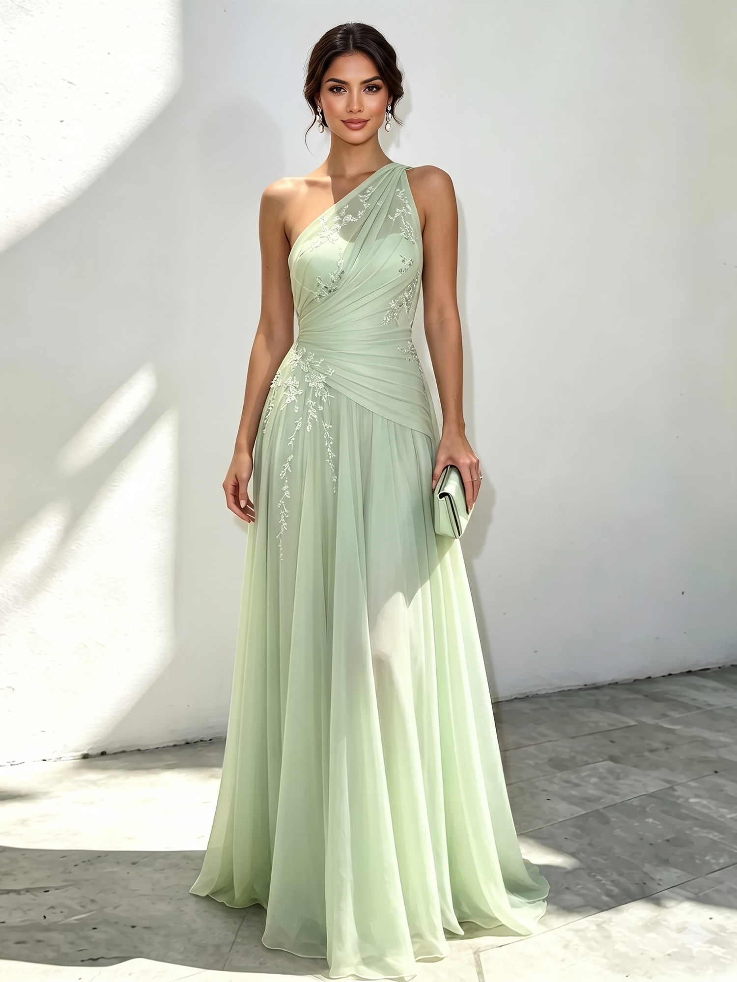 Ethereal Mint Green One-Shoulder Chiffon Evening Dress with Delicate Floral Embroidery