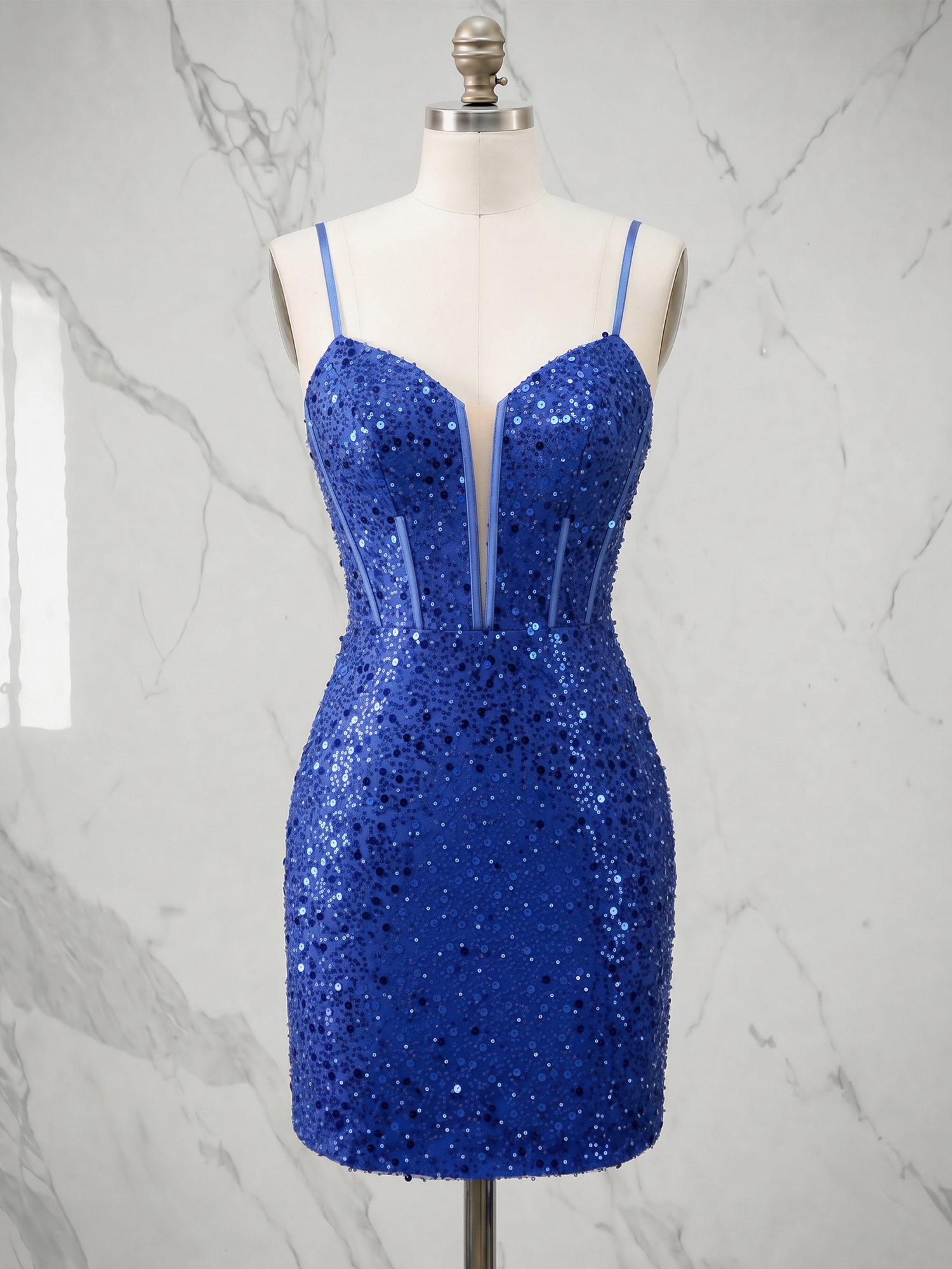 Radiant Royal Blue Sequin Illusion V-Neck Corset Homecoming Dress