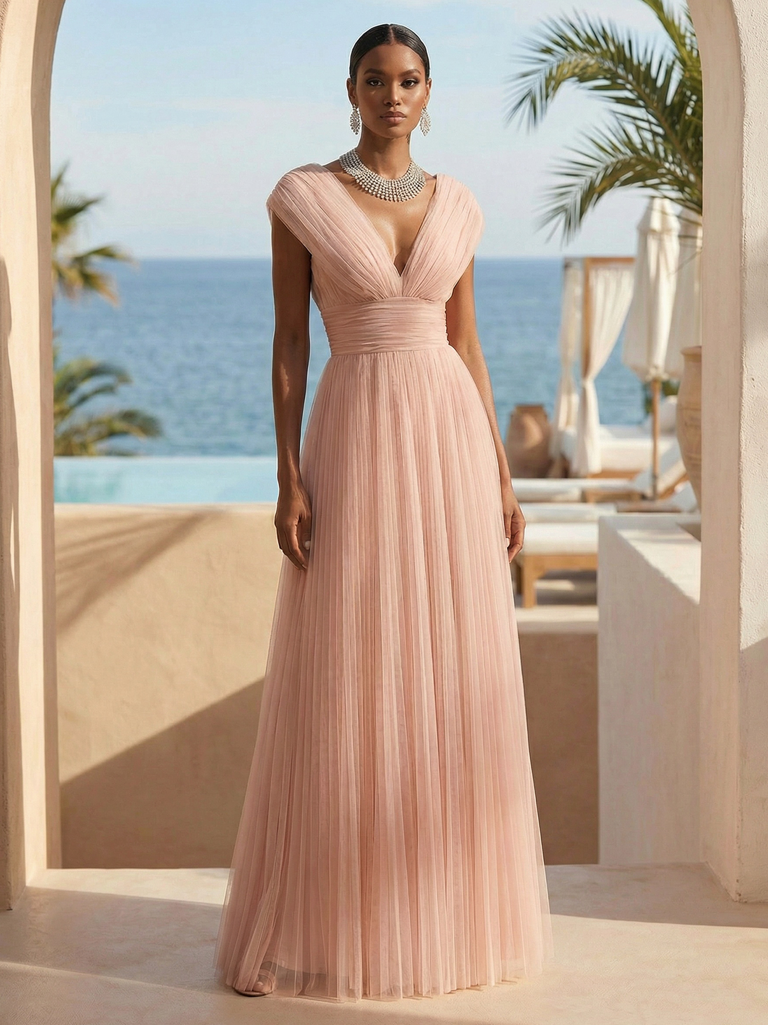 Vintage Rose Formal Dress A-Line V-Neck Pleated Tulle Maxi Dress