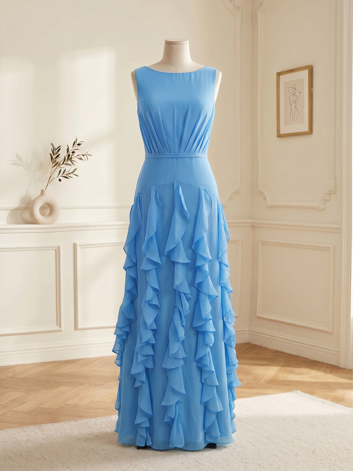 Ethereal Powder Blue Cascading Ruffle Maxi Formal Evening Dress