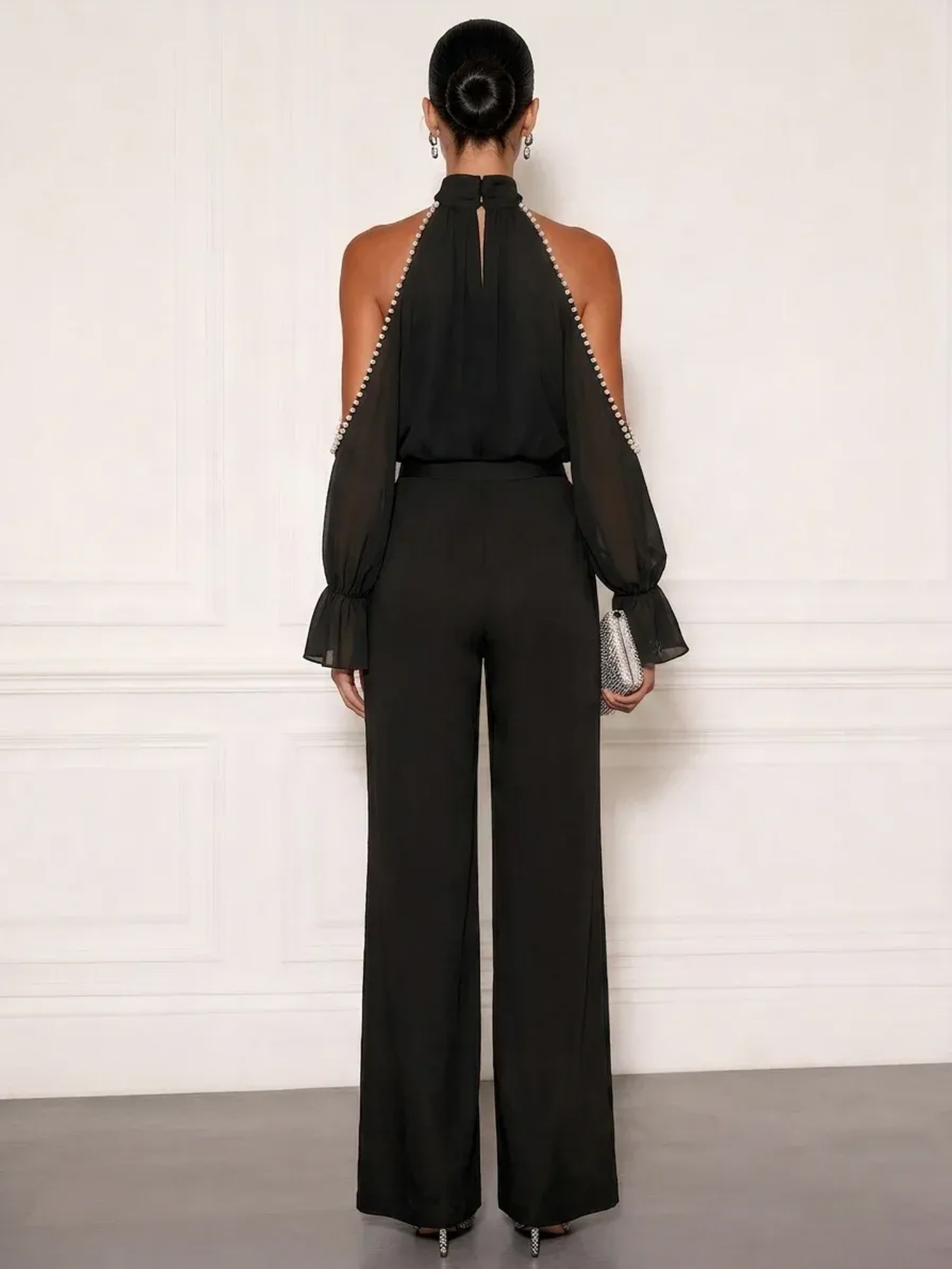 Sophisticated Embellished Cold Shoulder Formal Evening Jumpsuit