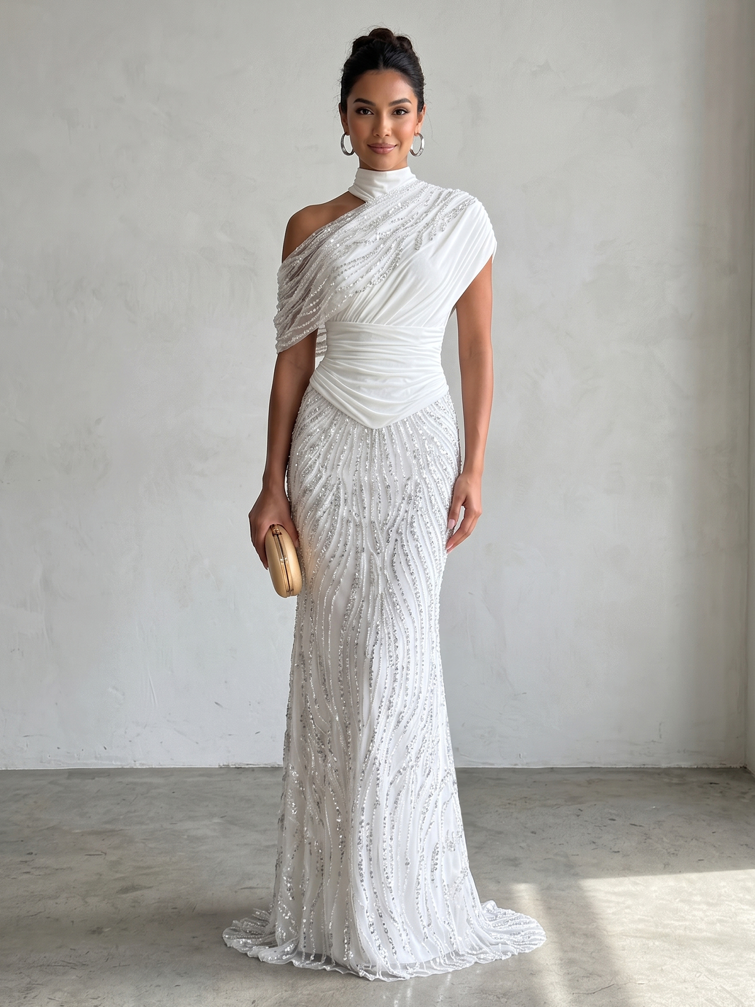 Ethereal White Beaded High-Neck Draped Sheath Formal Evening Dress