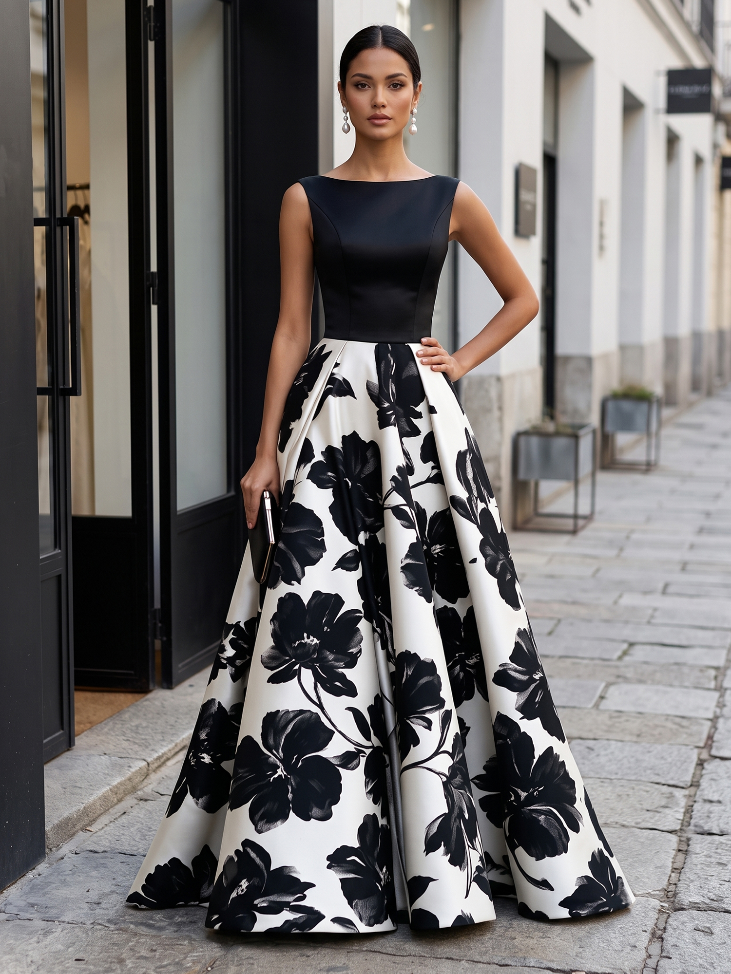 Black Timeless Monochrome Floral Statement Formal Evening Dress