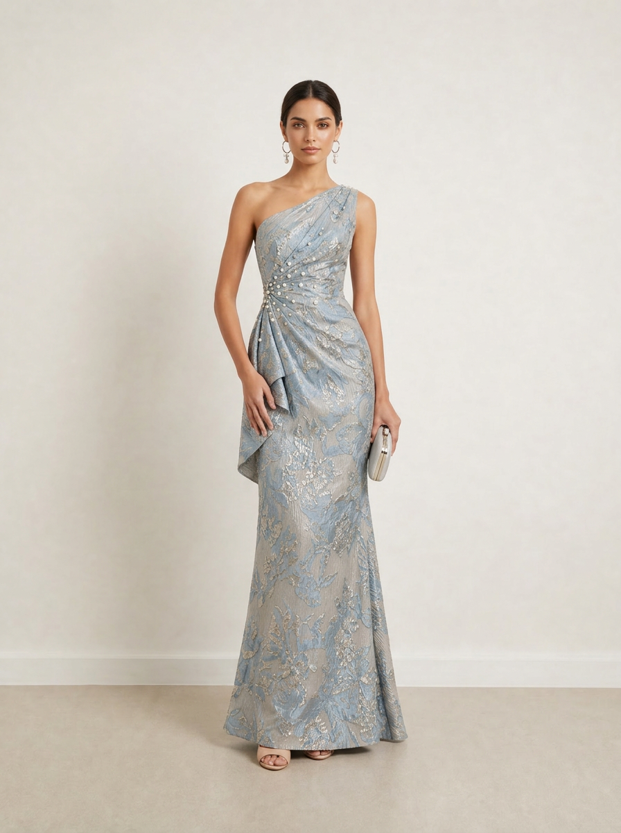 Regal Icy Blue Metallic Jacquard One-Shoulder Formal Evening Dress
