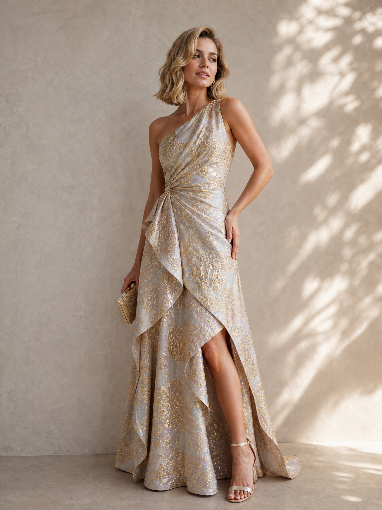 Luminous Gold Brocade One-Shoulder Draped Slit Maxi Formal Evening Dress 
