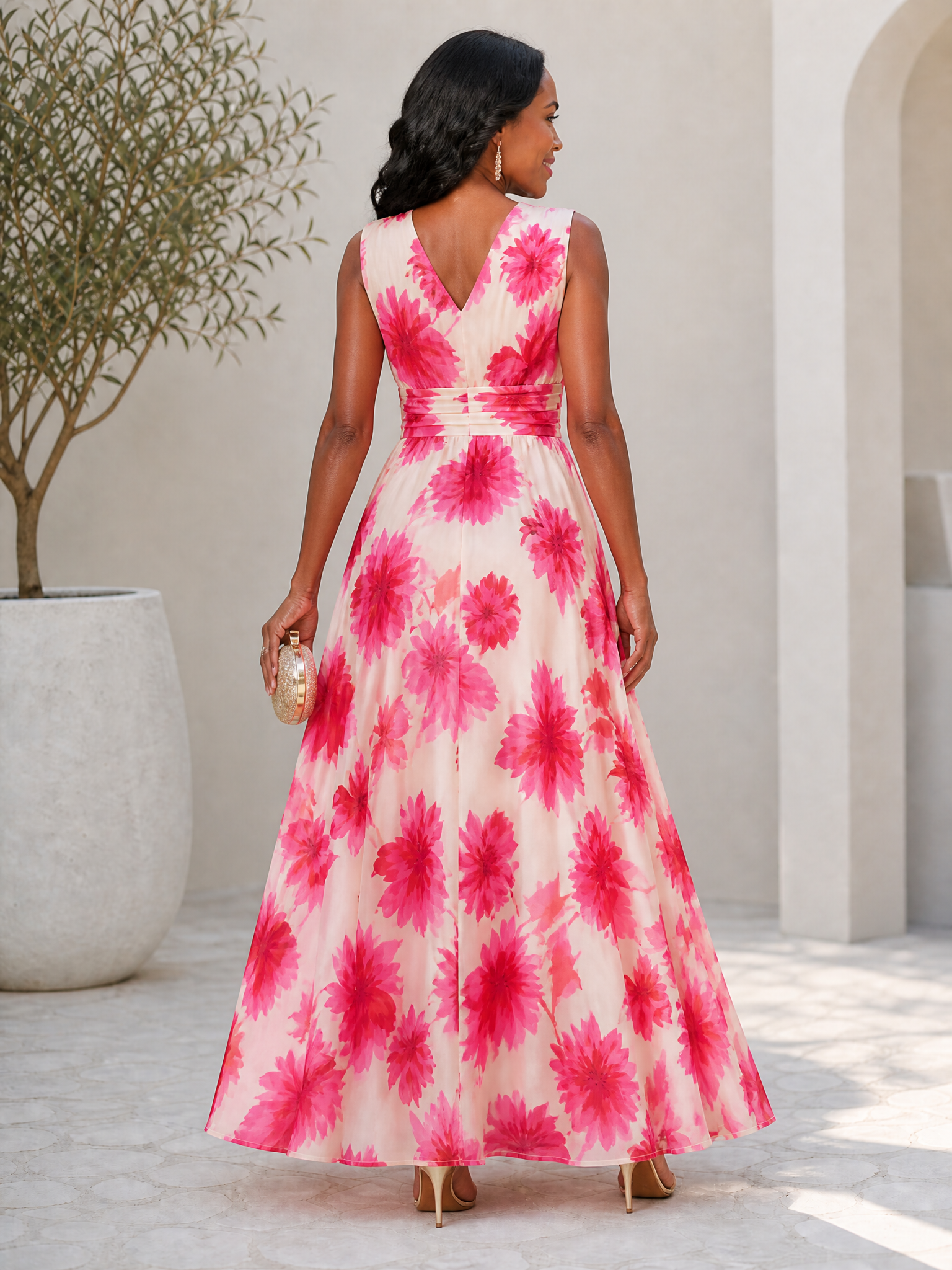 Luminous Hot Pink Floral Chiffon A-Line V-Neck Formal Evening Dress 