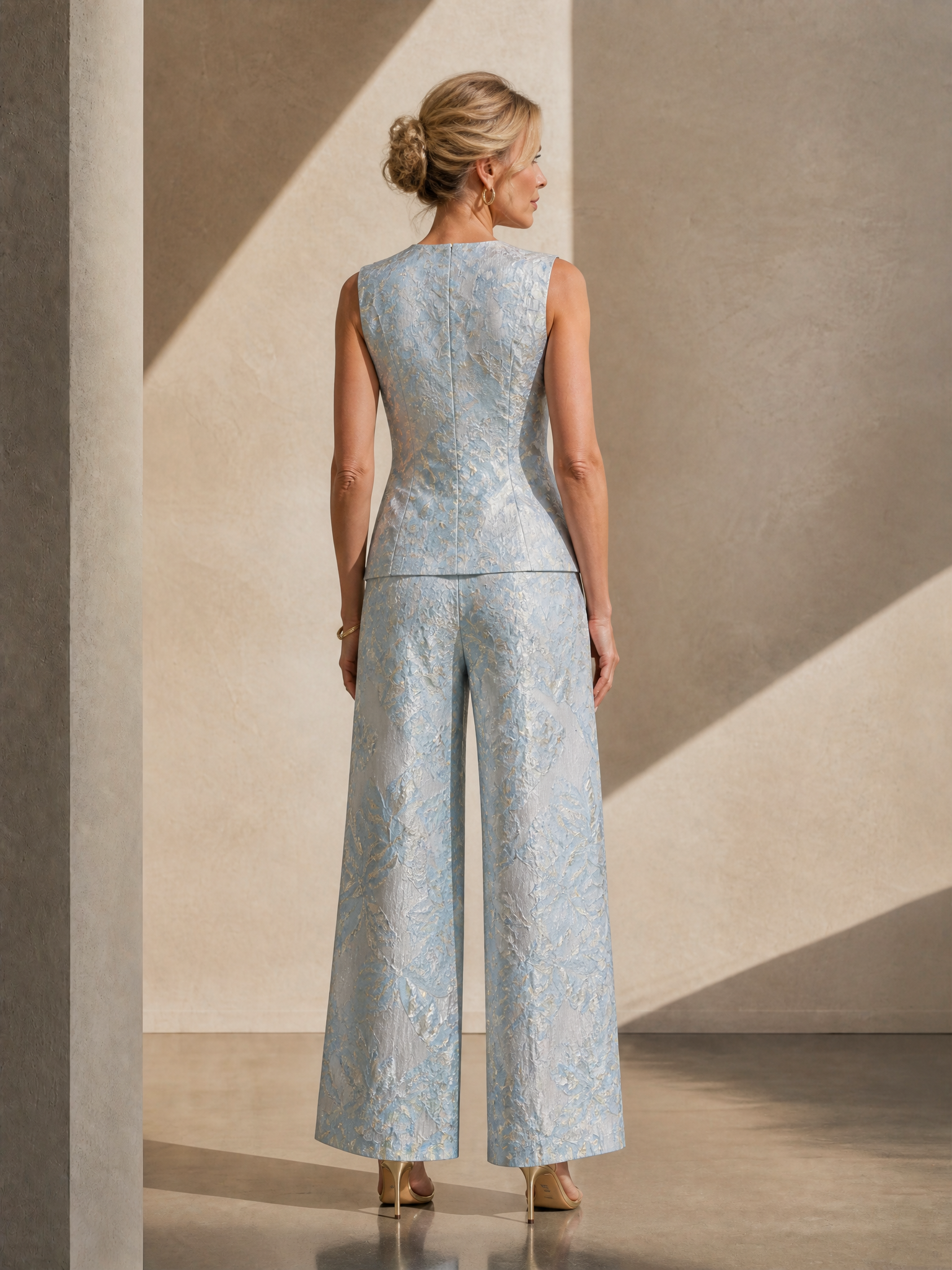 Ethereal Frost Blue Brocade Sleeveless Crew Neckline Gown Dress