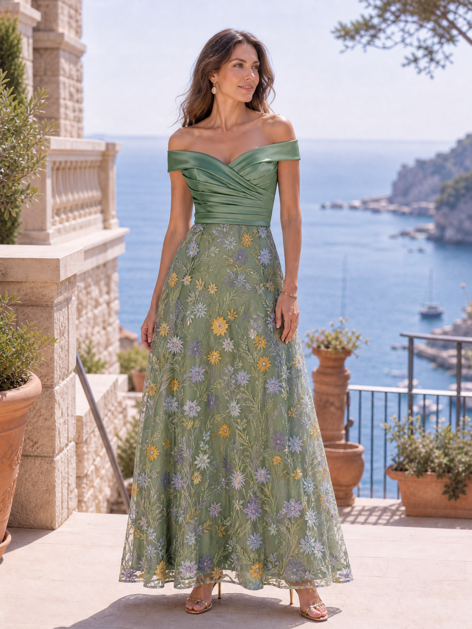 Ethereal Sage Green Off-The-Shoulder Floral Embroidered A-Line Maxi Gown Dress