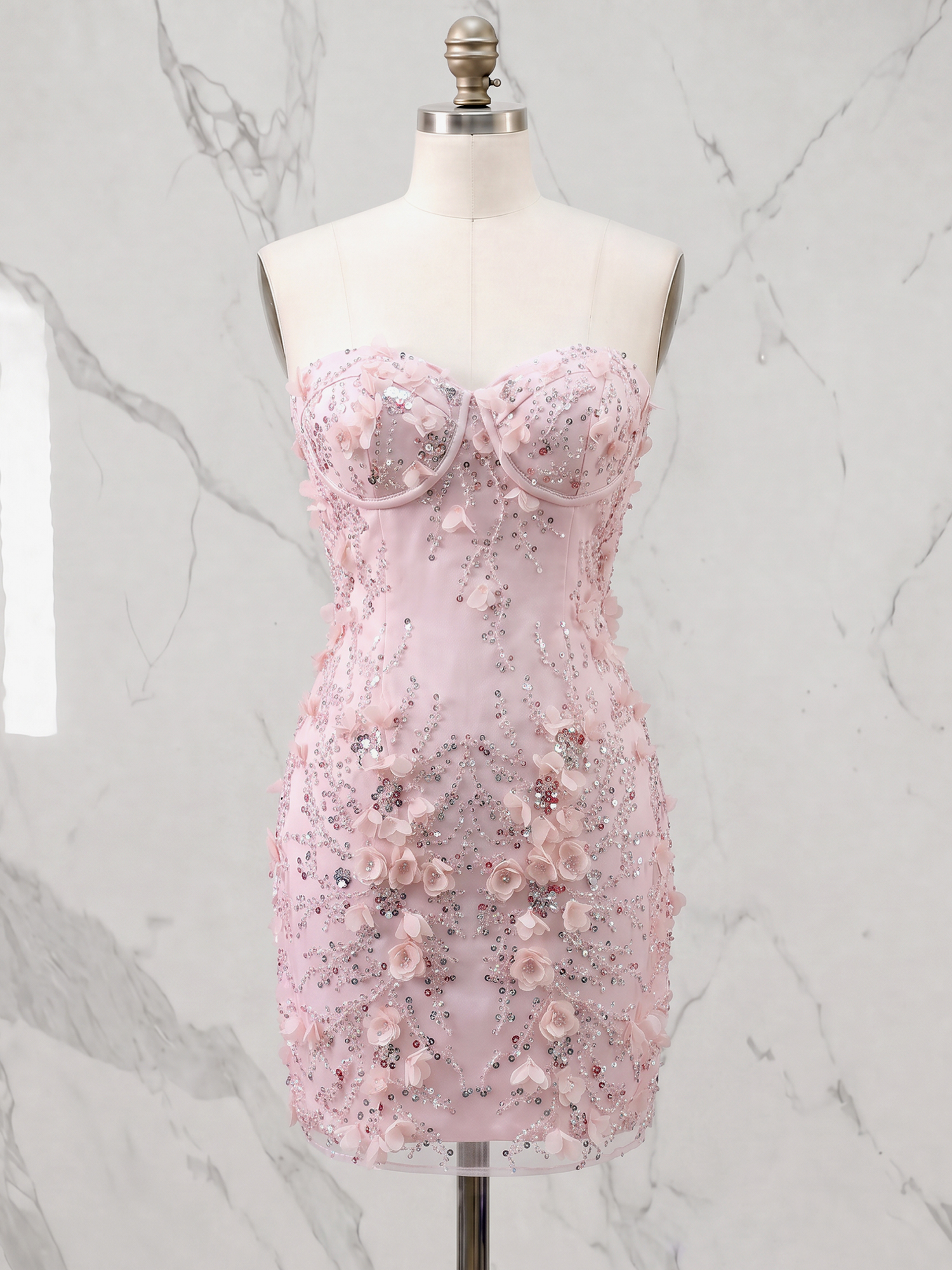Enchanting Blush Pink 3D Floral Sequin Corset Sheath Homecoming Dress