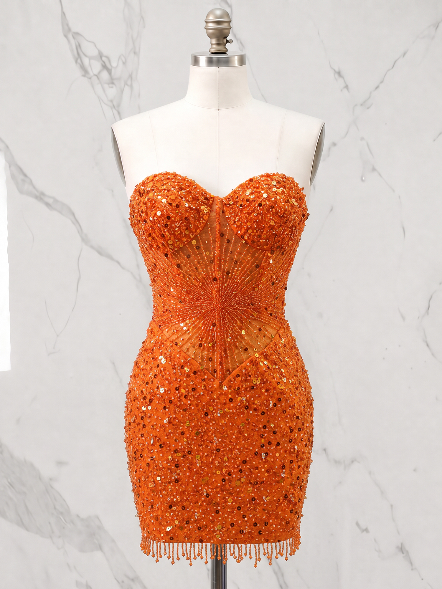 Burnt Orange Beaded Sequin Sweetheart Corset Sheath Homecoming Dress