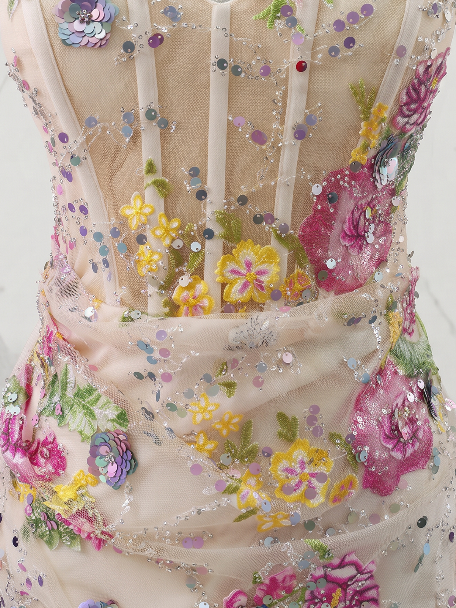 Champagne Floral Embroidered Sequin Corset Slit Maxi Prom Dress