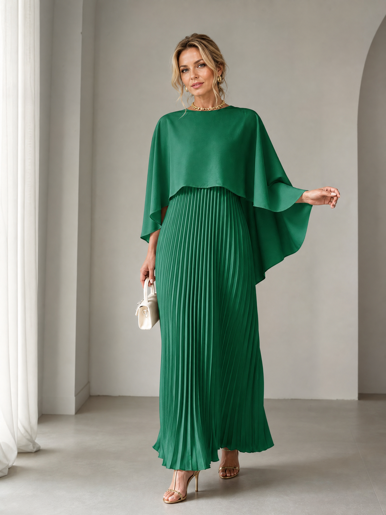 Emerald Green Cape-Overlay Pleated Crew Neck A-Line Midi Evening Gown Dress 