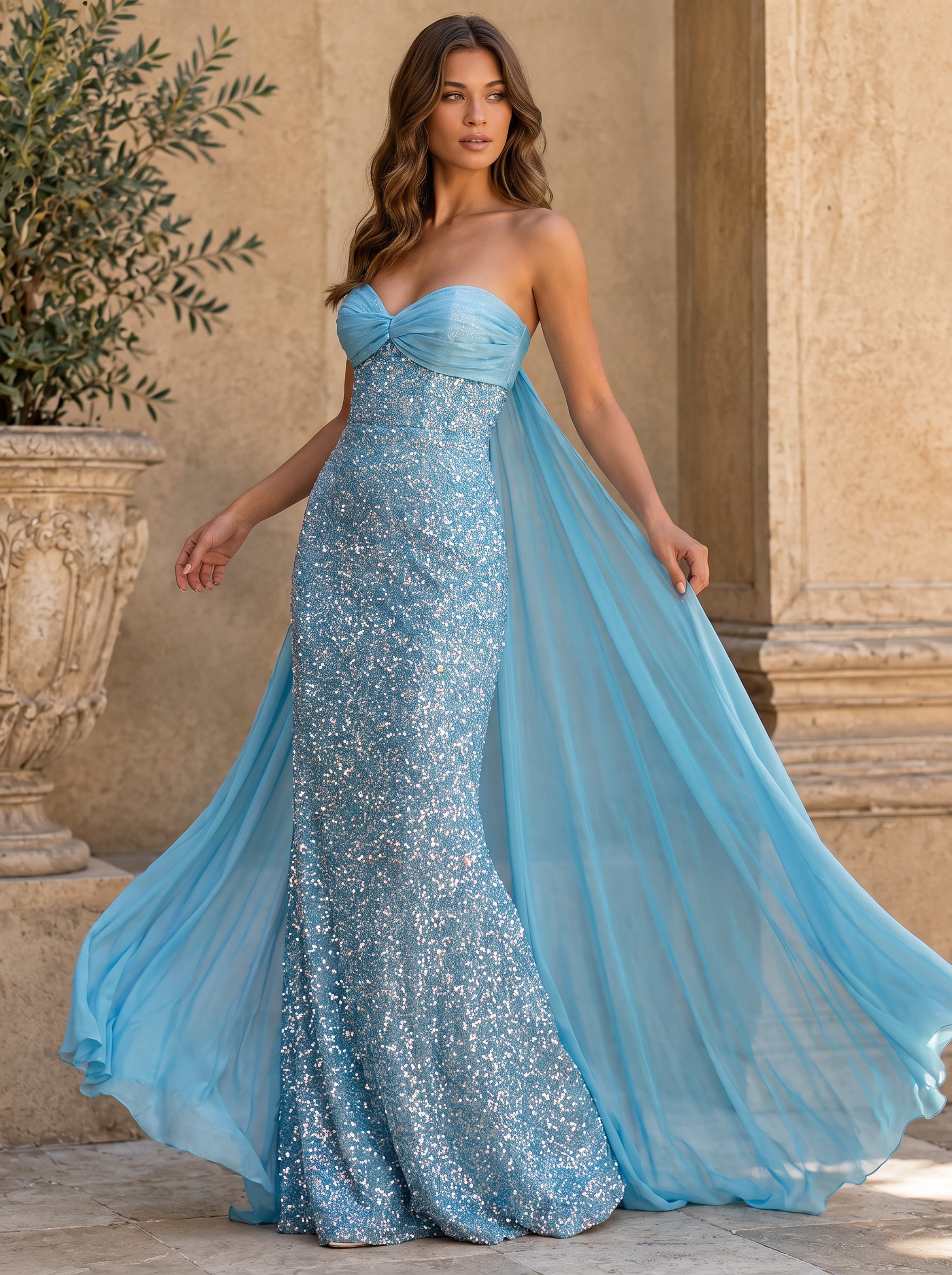 Pevafe Prom Dress Celestial Sky Blue Sequin Mermaid Long Evening Gown ...