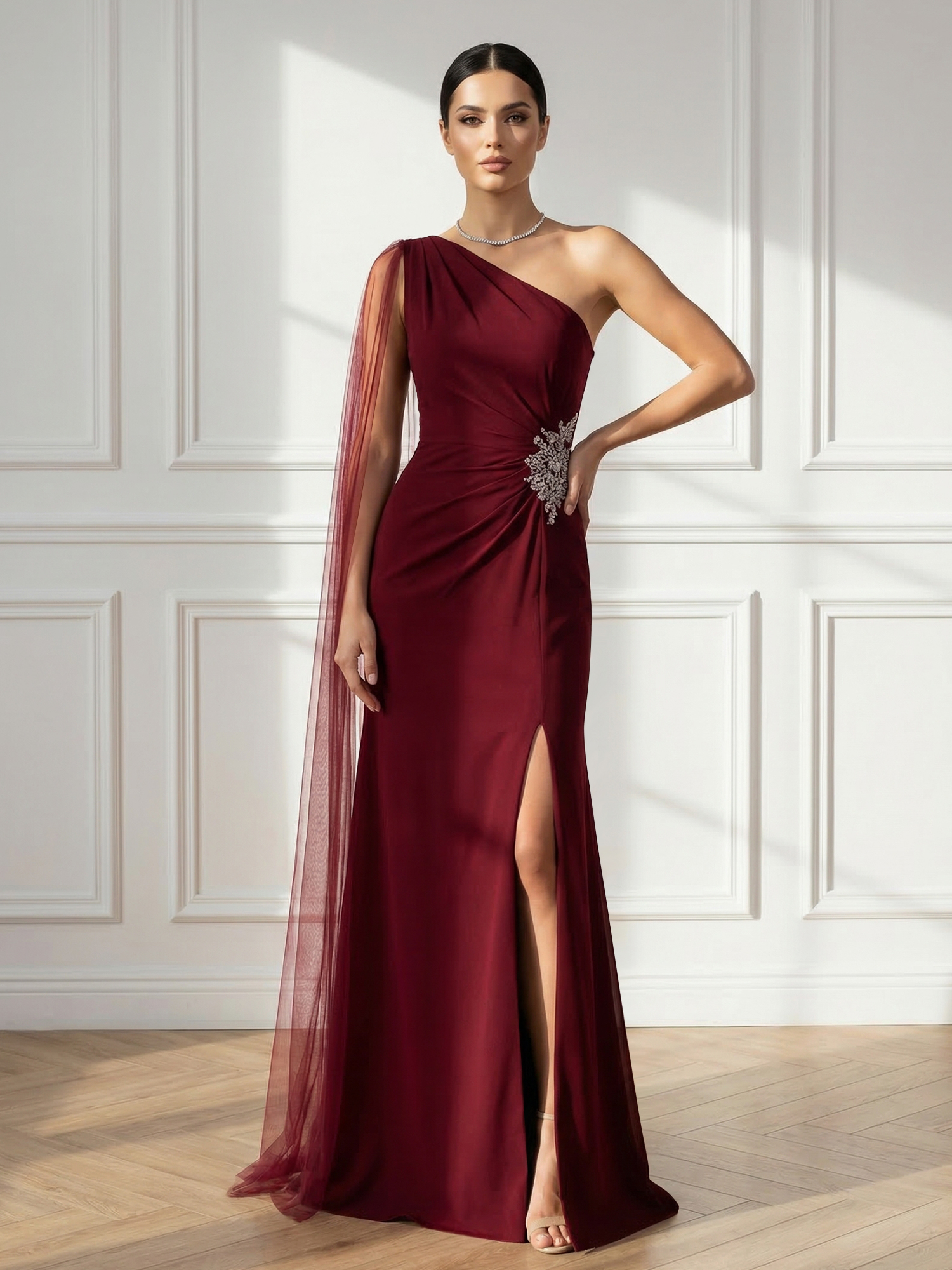 Formal Evening Dress Burgundy One Shoulder Slit Maxi Dress Gown