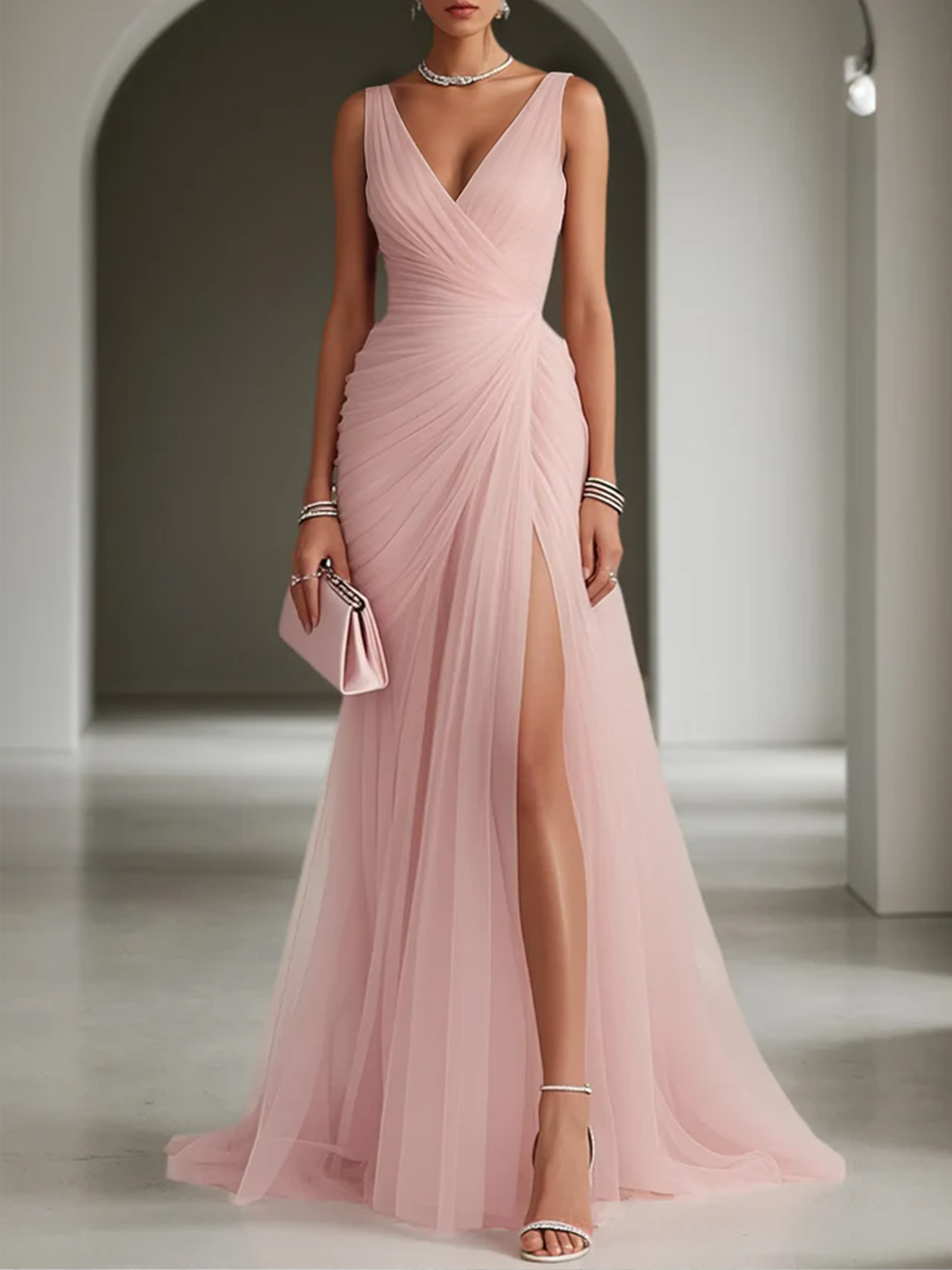 Pink Ruched Slit Tulle V Neck One Shoulder Sheath Gown Dress