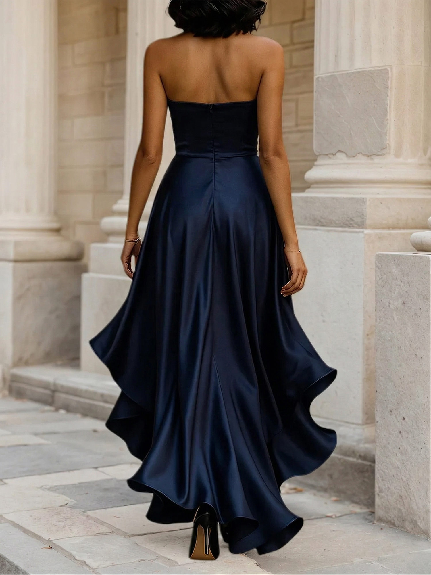 Glamorous Formal Dress Midnight Navy Strapless High-Low Satin Gown Midi Dress