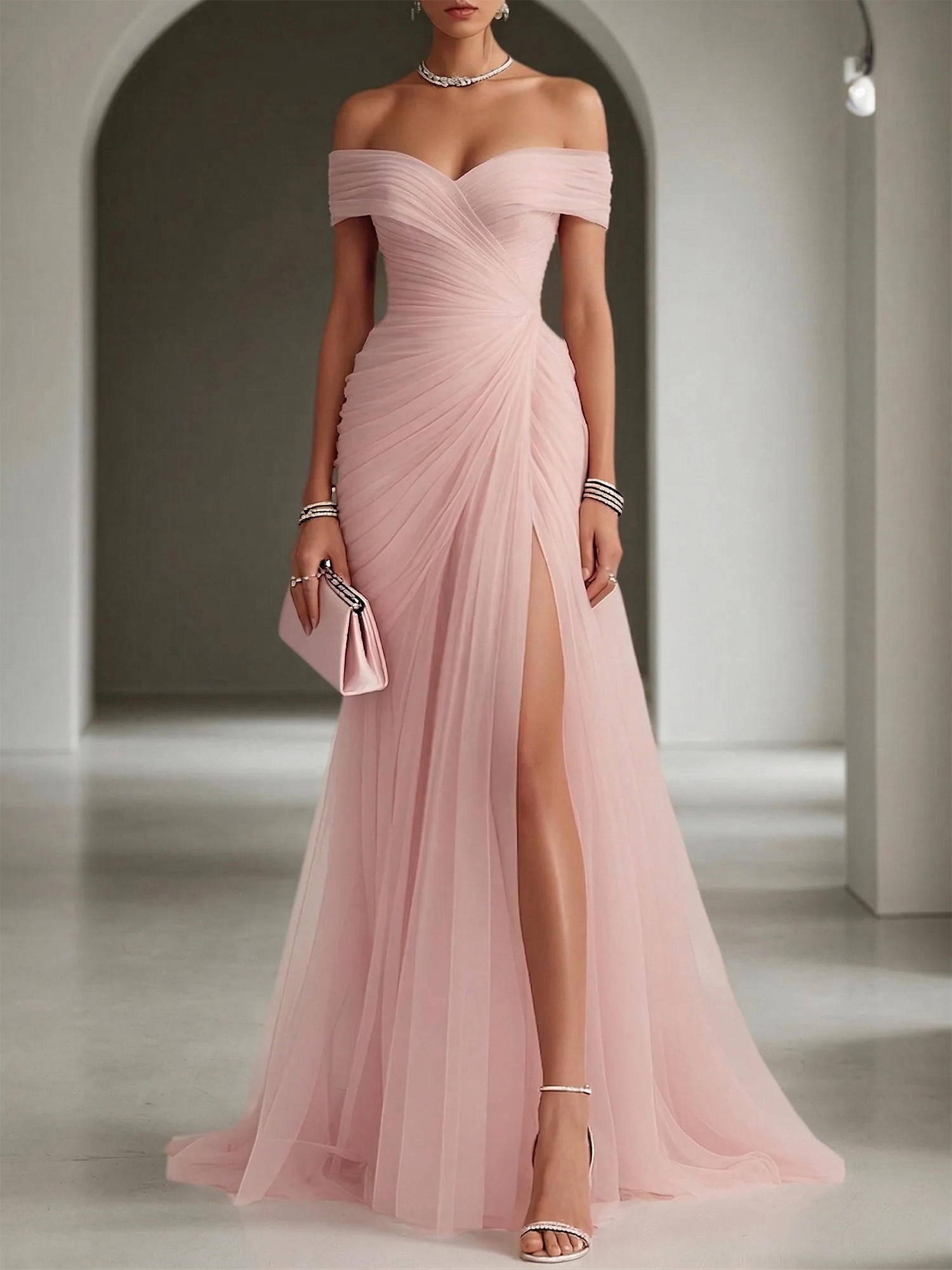 Blush Ruched Slit Tulle Off the Shoulder Sleeveless Sheath Gown Dress