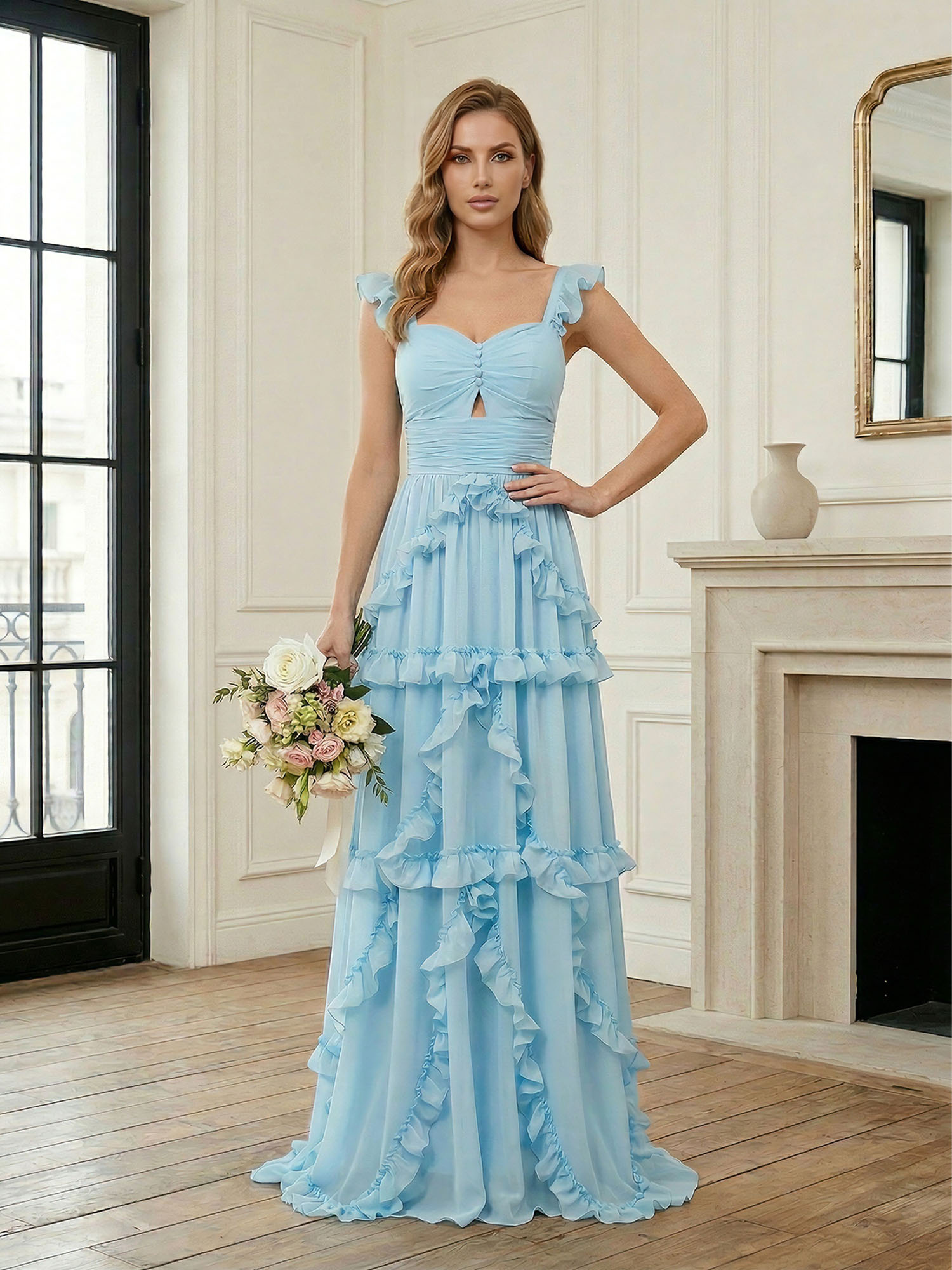 Ethereal Sky Blue Tiered Ruffle Chiffon Maxi Dress Gown