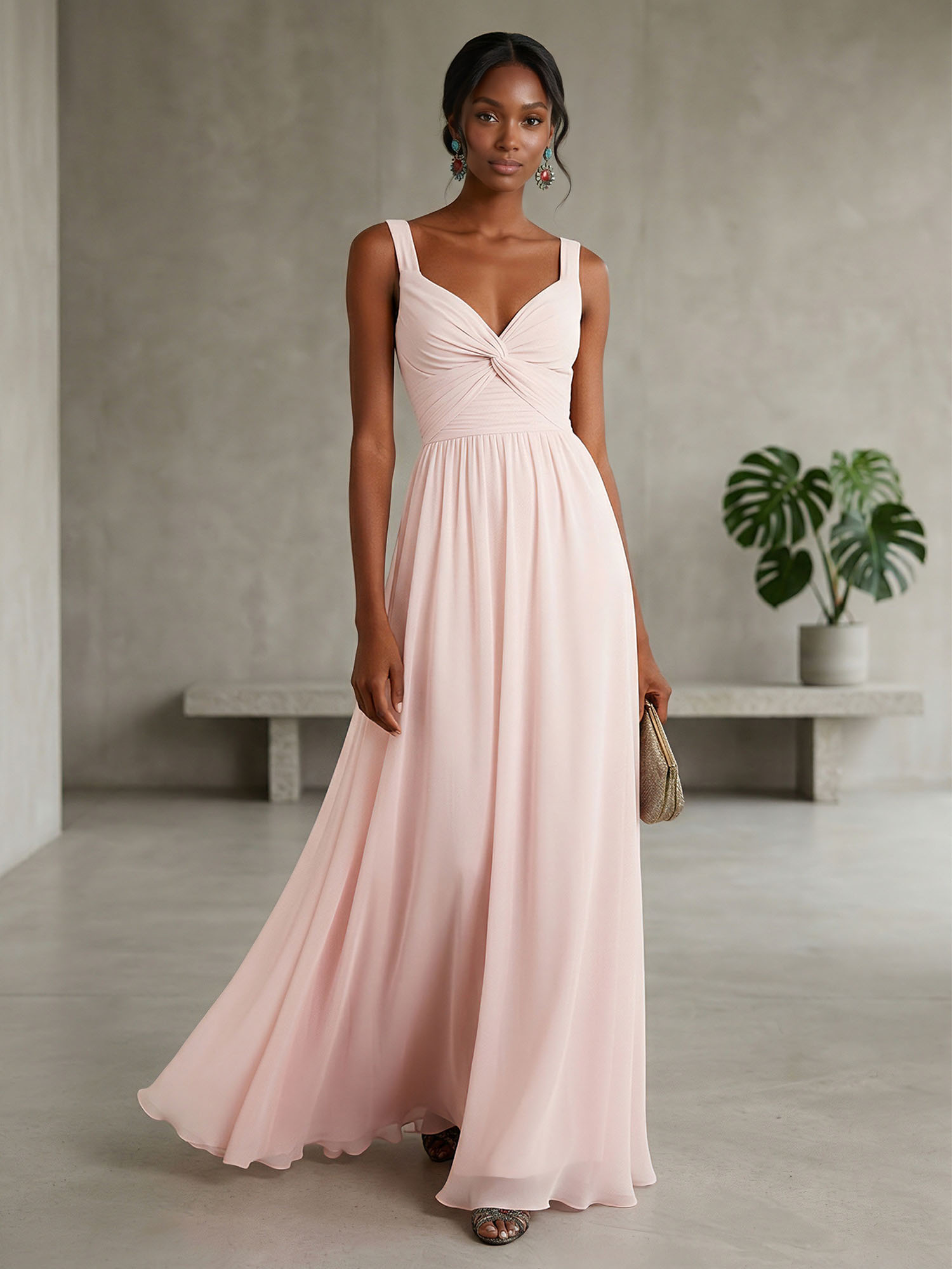 Elegant Soft Blush Twist-Front Chiffon Maxi Gown
