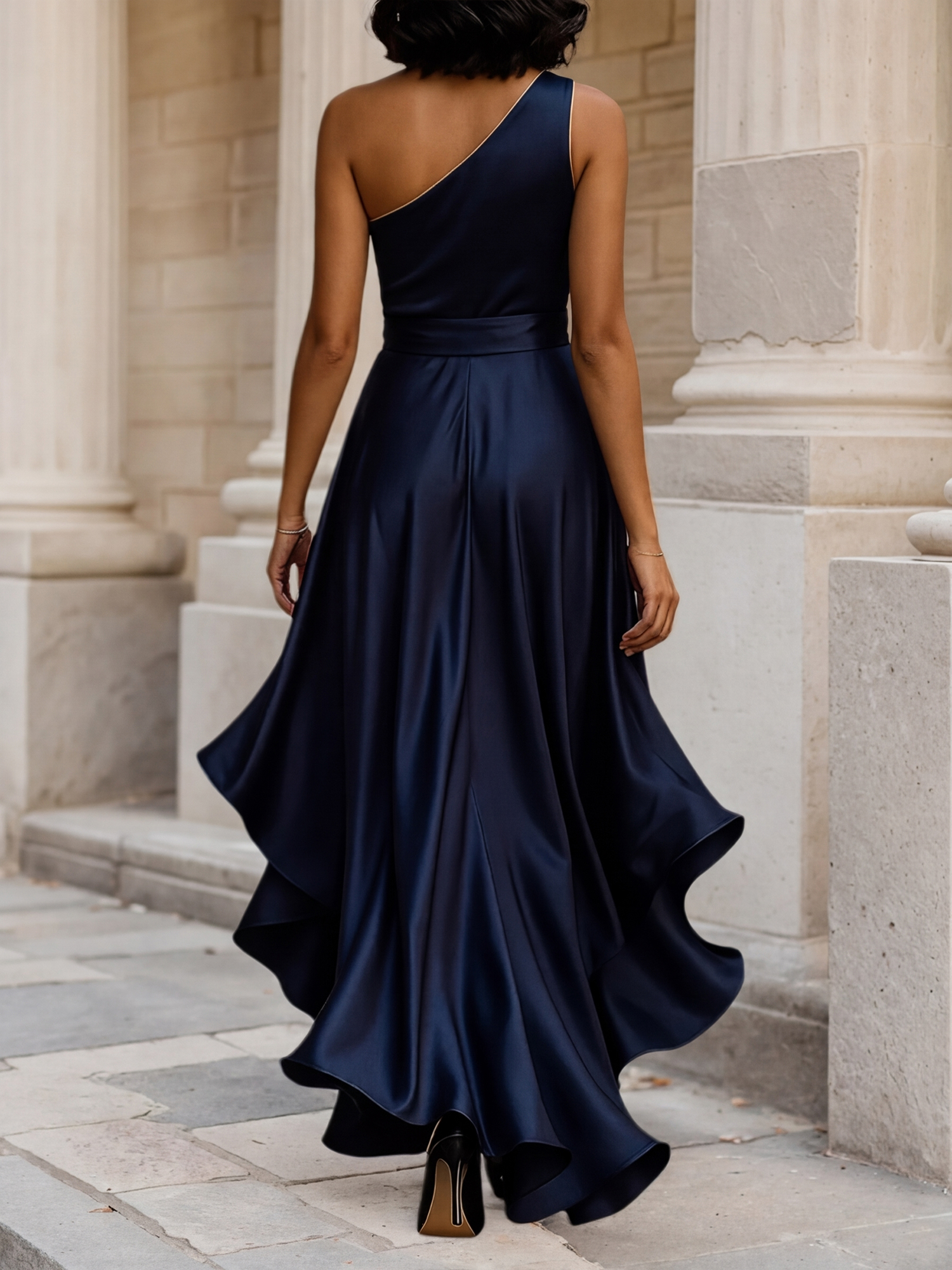 Glamorous Formal Dress Midnight Navy One Shoulder High-Low Satin Gown Midi Dress