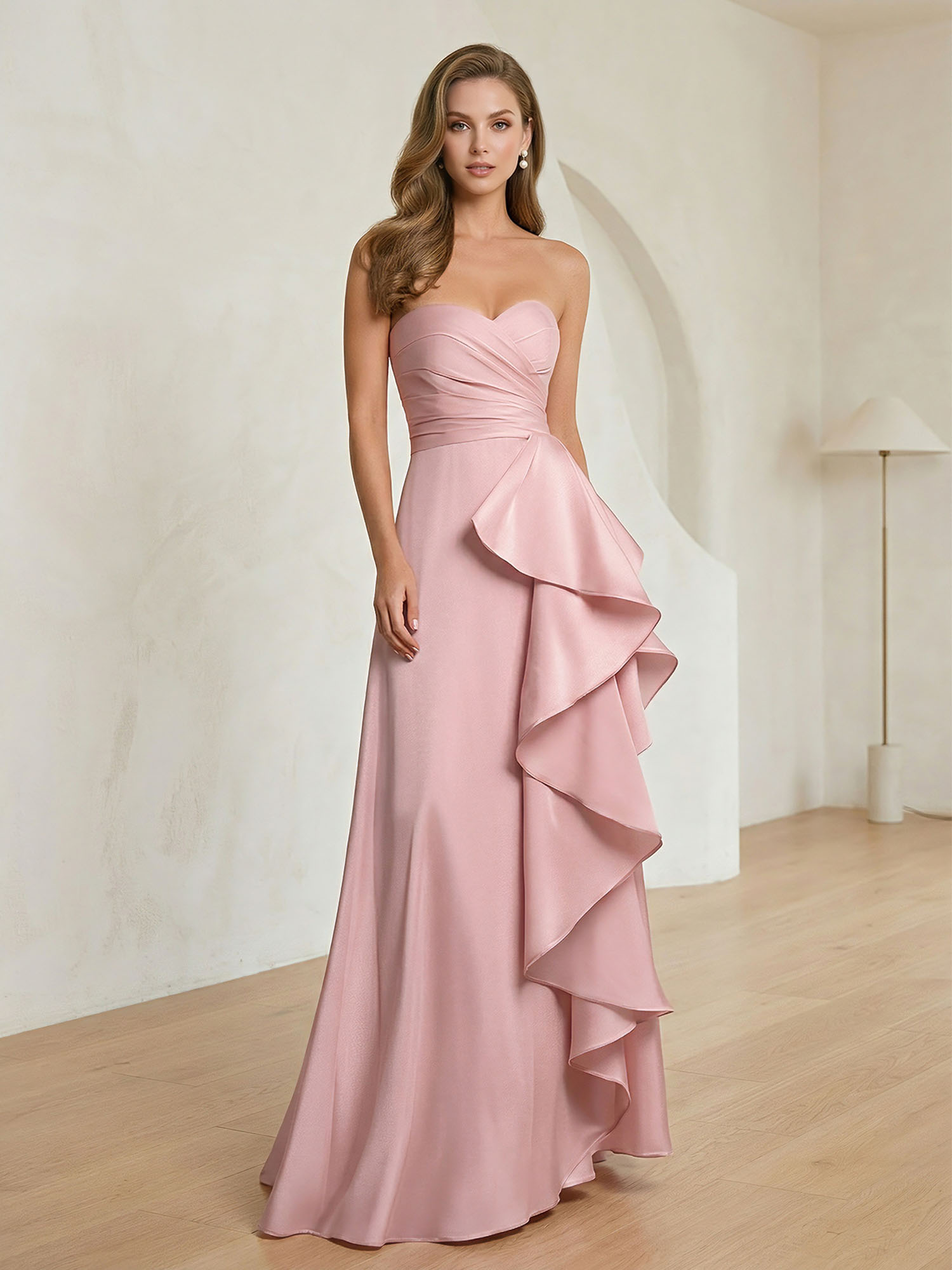 Formal Evening Dress Blush Strapless Ruffle Maxi Dress Gown