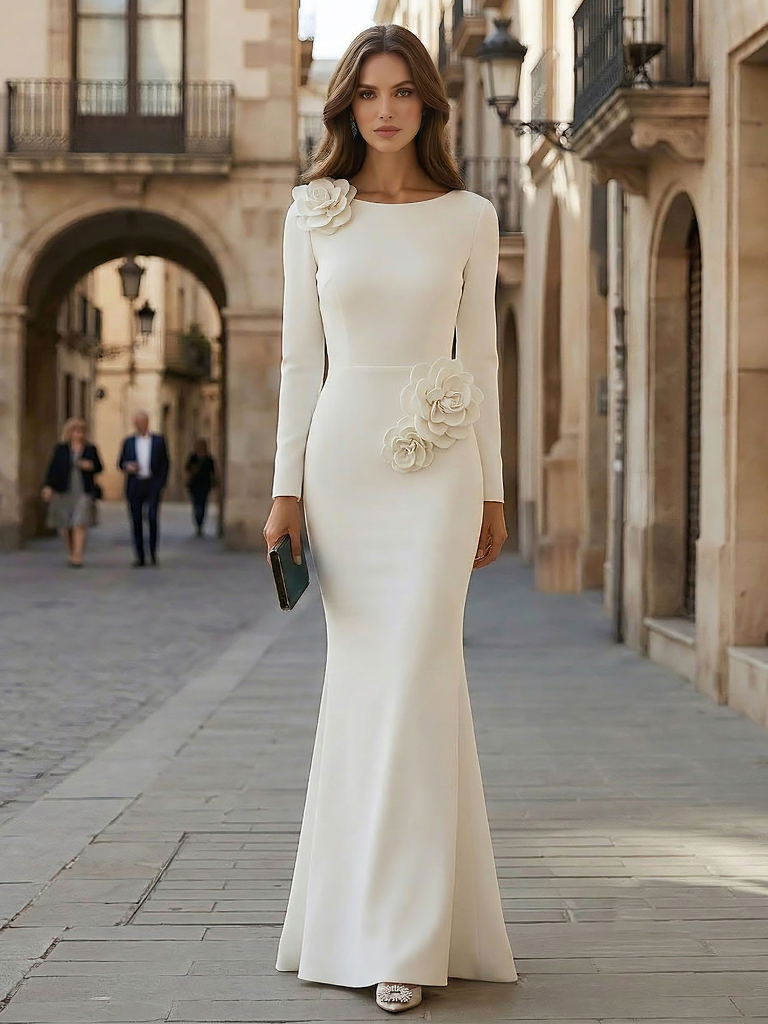 Elegant Pure White Formal Evening Dress Long-Sleeve 3D Floral Crepe Maxi Dress Gown