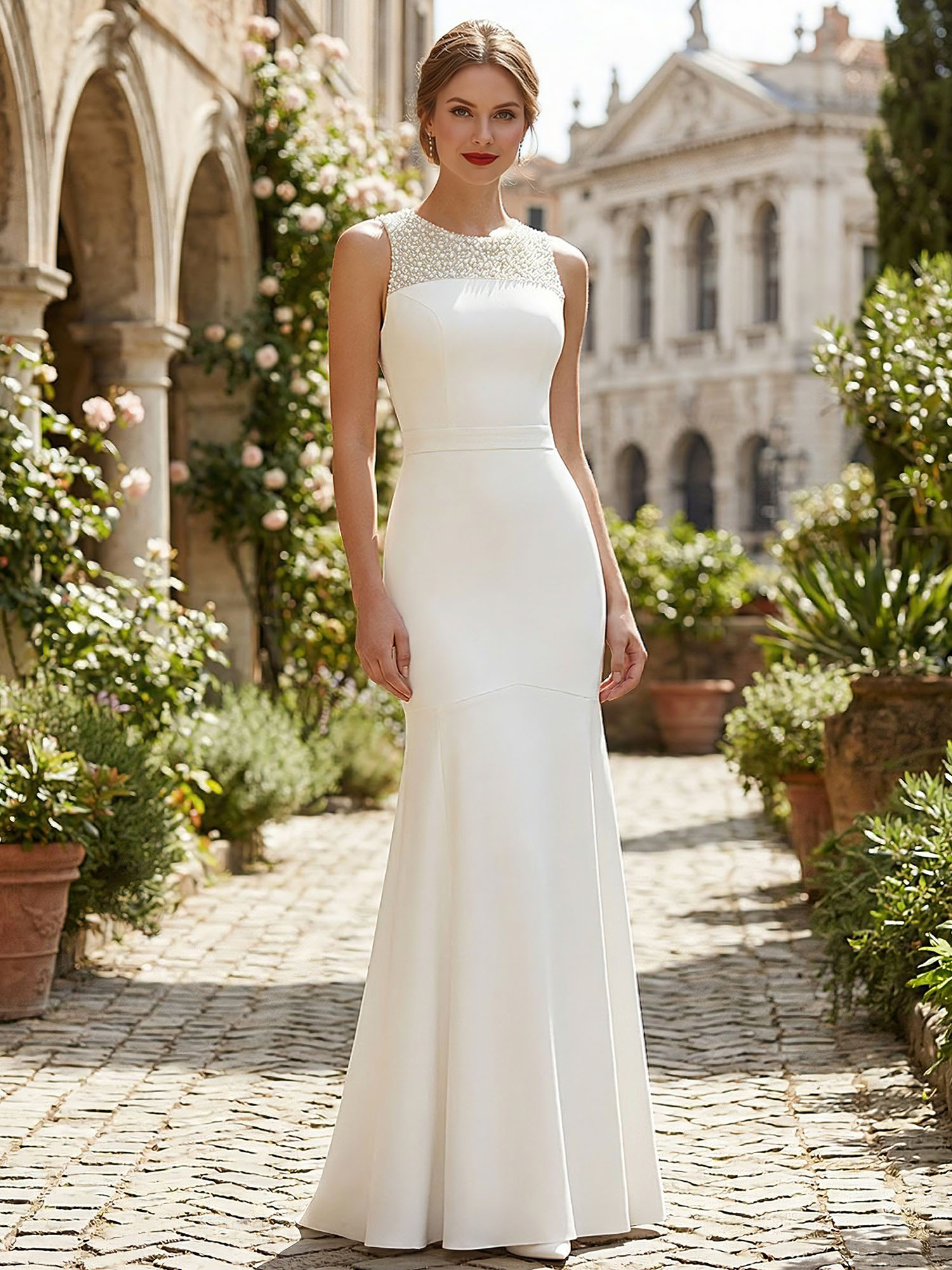 Pure White Sequin Neckline Sleeveless Mermaid Maxi Dress Gown