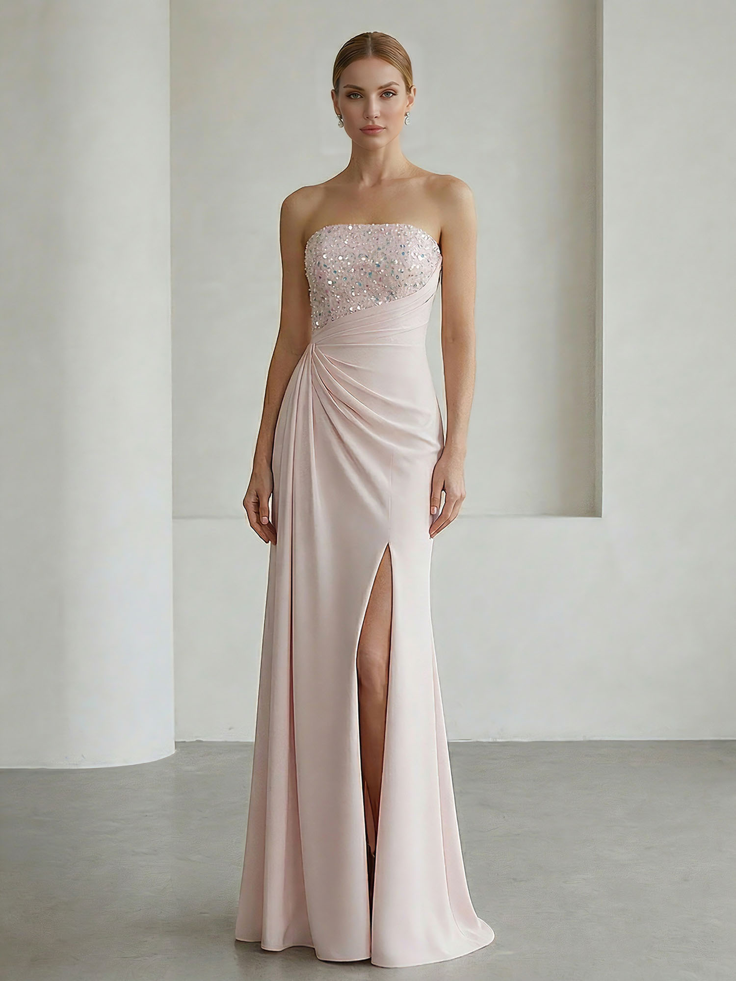 Glamorous Formal Evening Dress Soft Blush Beaded Strapless Slit Gown