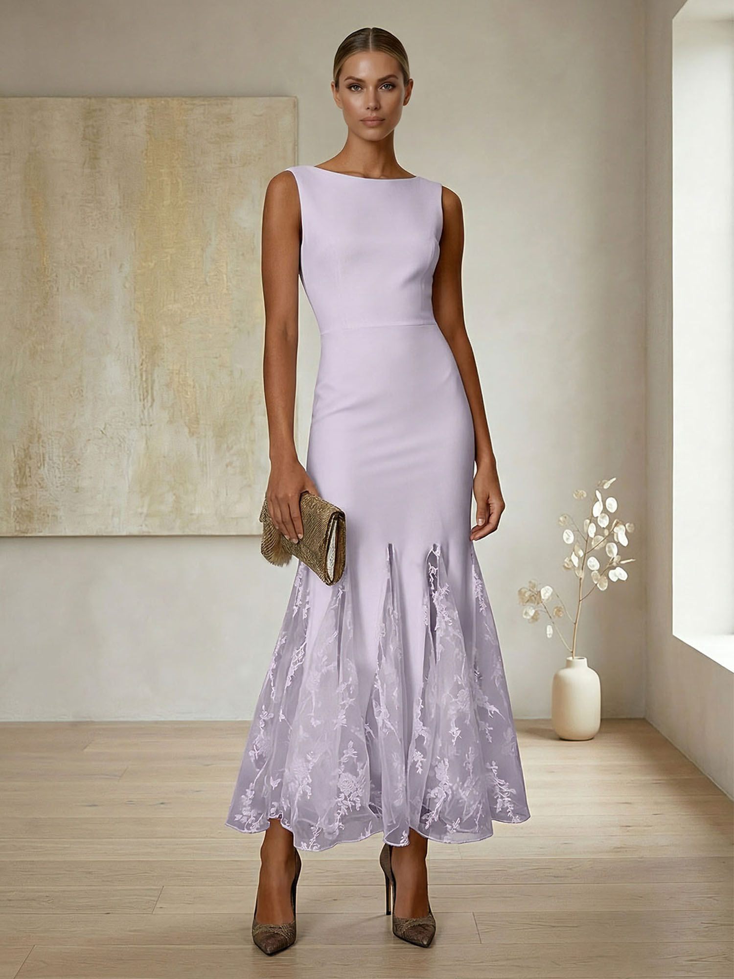 Elegant Formal Evening Gown Lilac Sleeveless Midi Dress with Embroidered Lace Godets