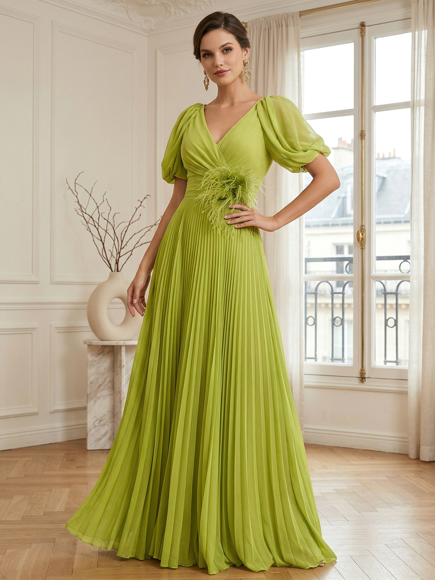 A-Line Chiffon Evening Gown with Feather V-Neck Short Sleeves Formal Dress
