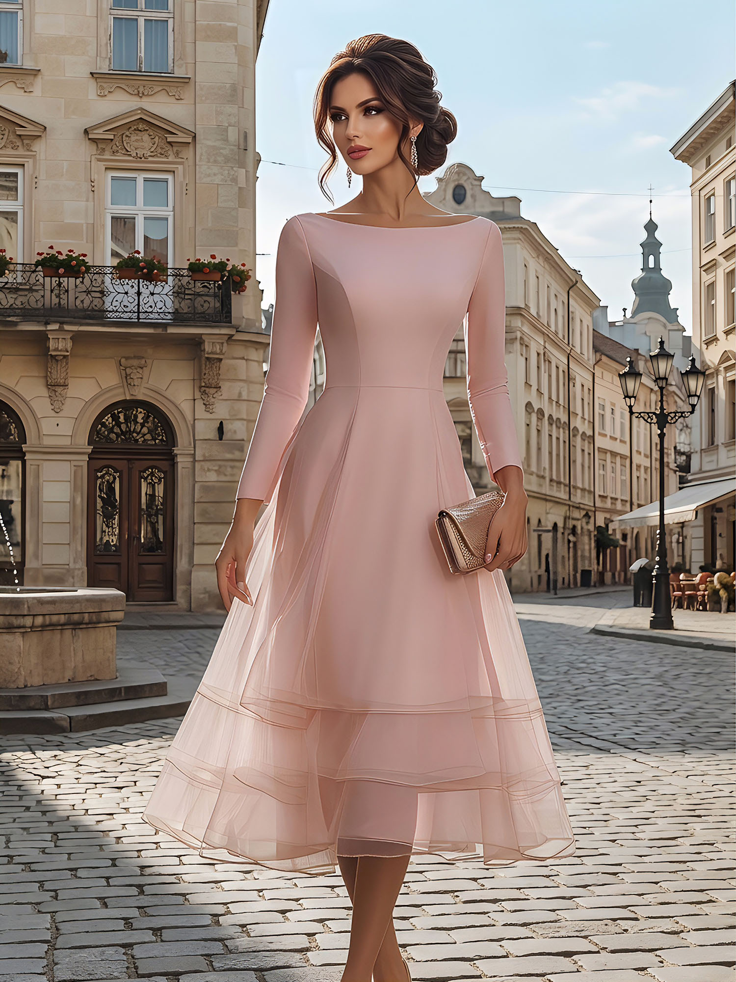 Timeless Evening Foraml Gown Blush Pink Long-Sleeve Layered Organza Midi Dress