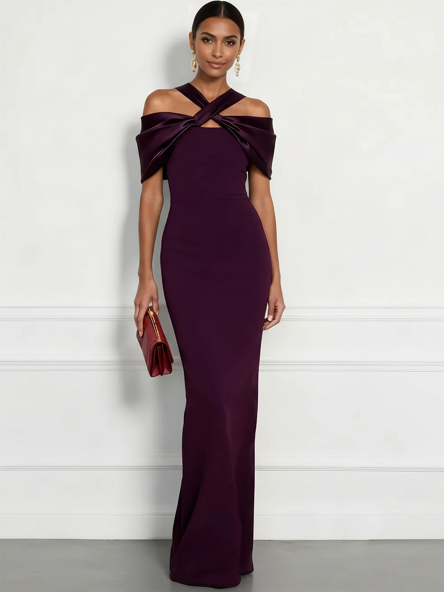  Regal Plum Crepe Column Gown with Satin Criss-Cross Halter Maxi Dress