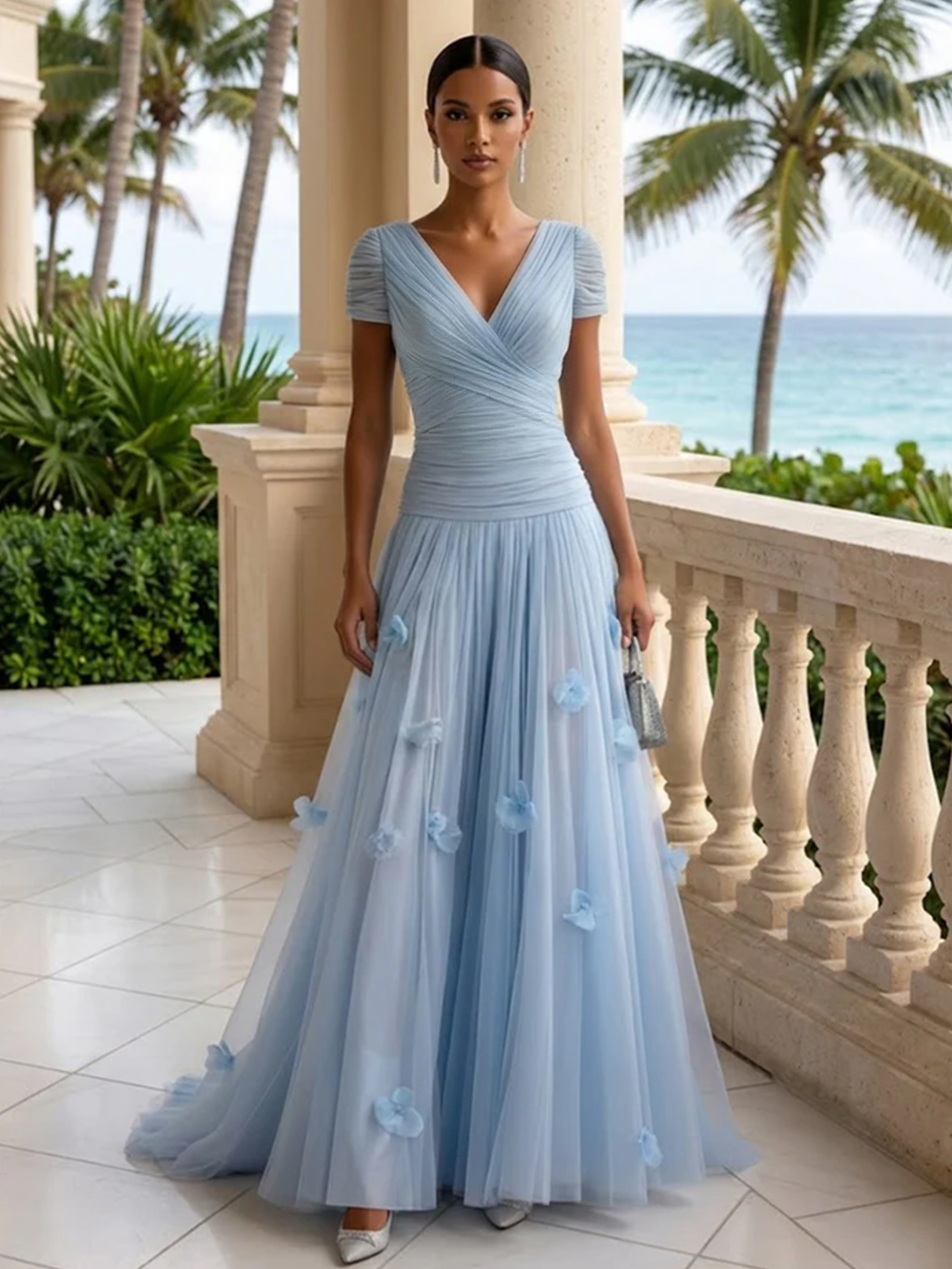 Elegant V-Neck Ruched Tulle A-Line Evening Gown with 3D Floral Appliqués