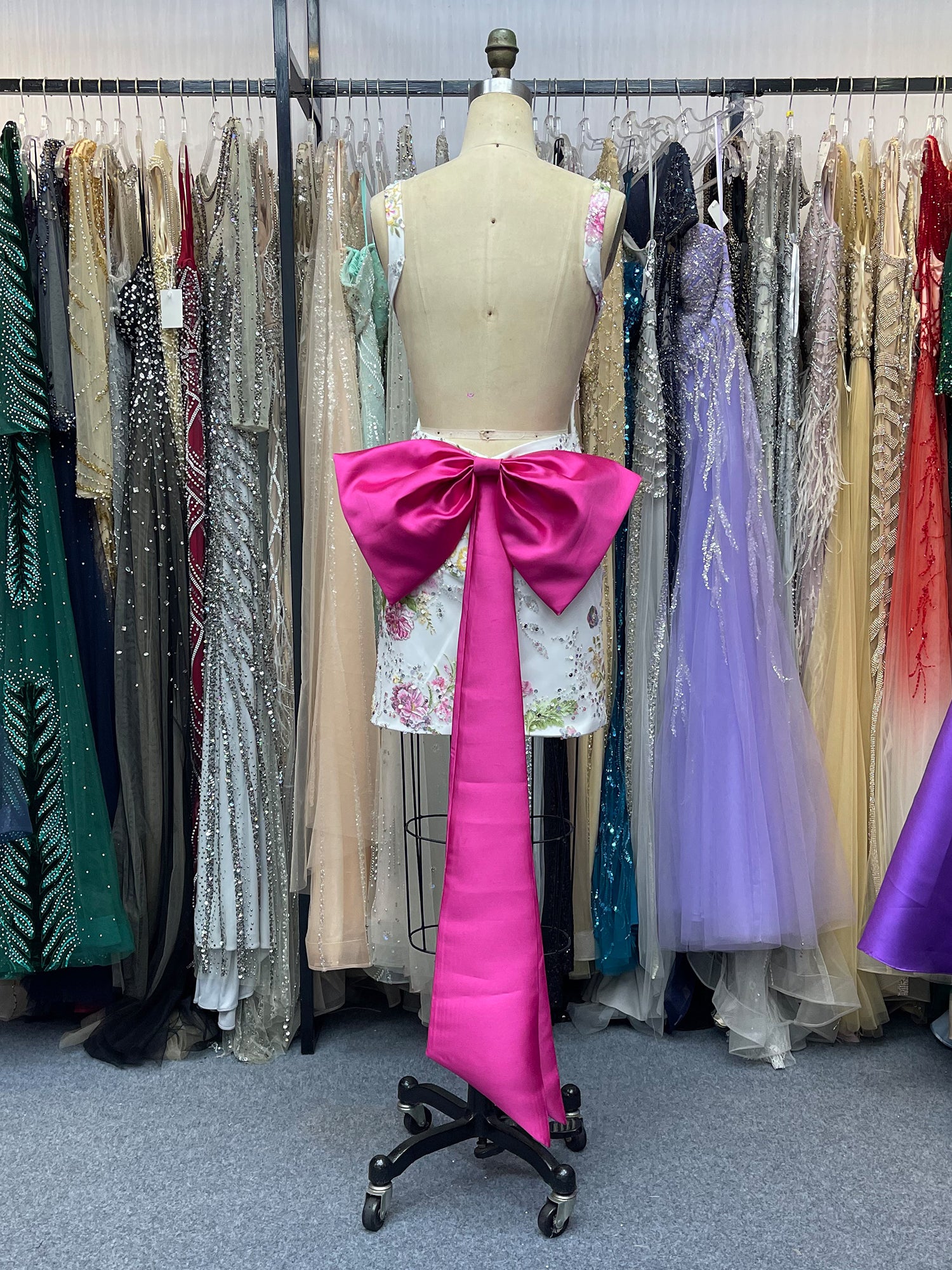 Floral Beaded Homecoming Dress with Oversized Pink Bow