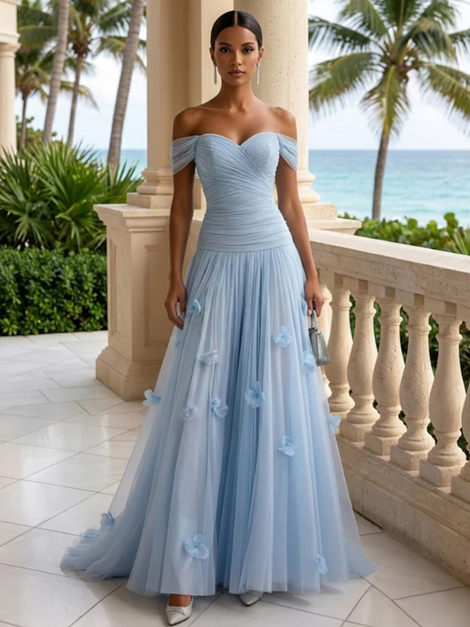 Elegant Off-the-Shoulder Ruched Tulle A-Line Evening Gown with 3D Floral Appliqués