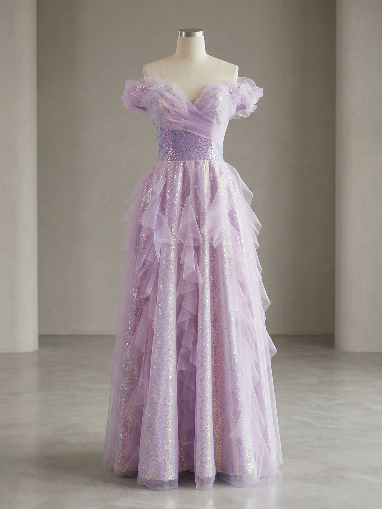 Enchanting Off-the-Shoulder Sequin Tulle A-Line Gown with Ruffled Detailing