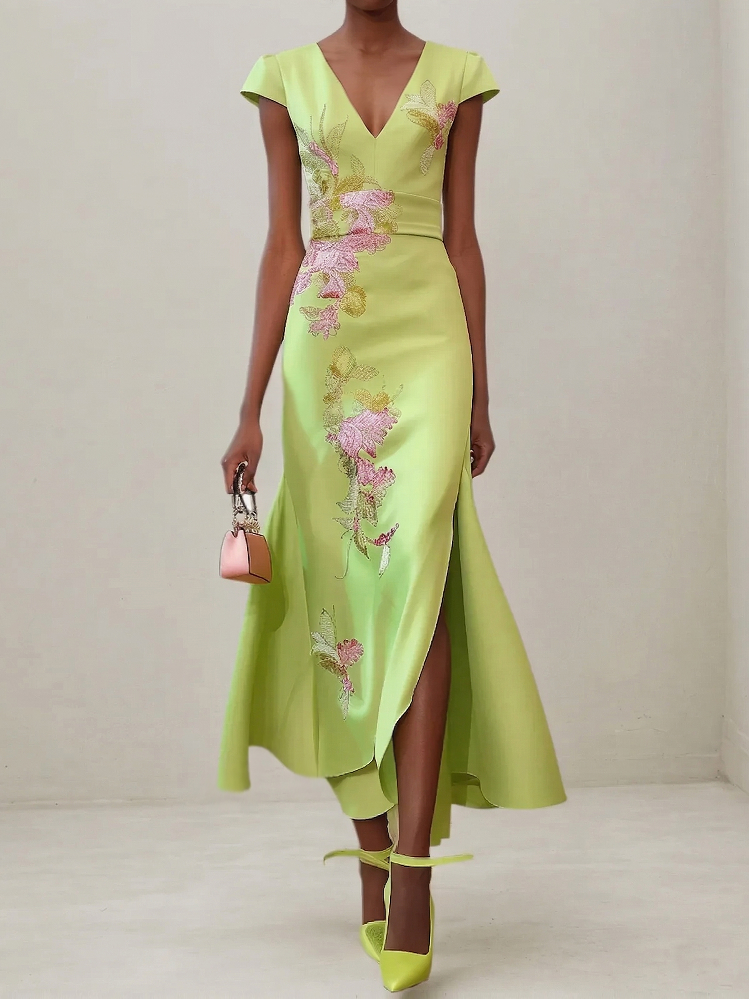 Elegant V-Neck Cap Sleeve Satin Midi Gown with Floral Embroidery & High Slit