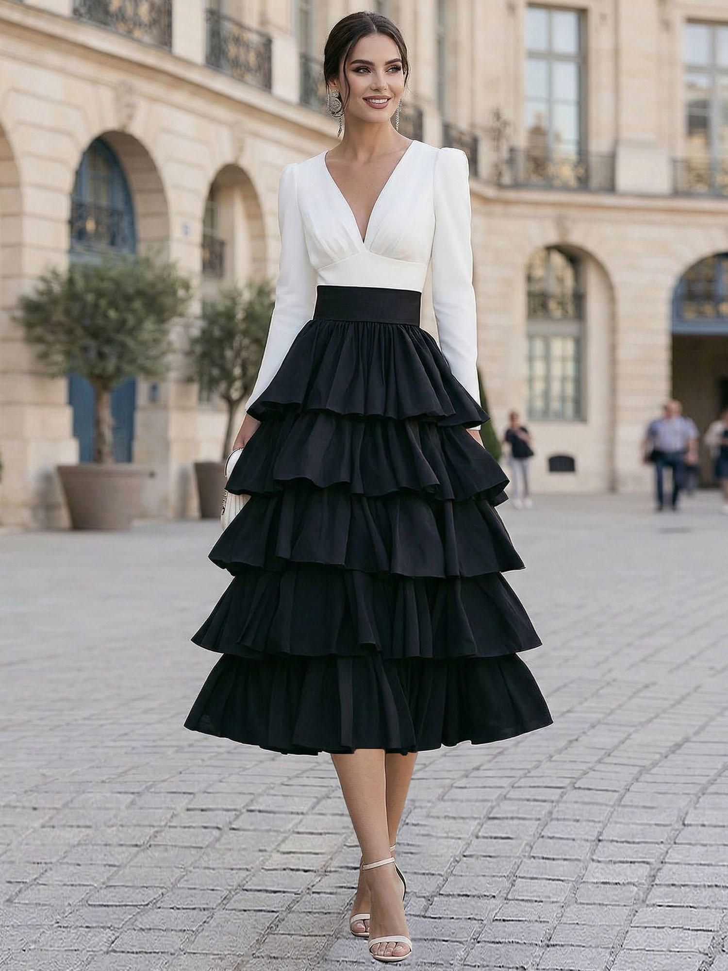 Elegant V-Neck Long Sleeve Tiered Ruffle Midi Dress with Contrast Waistband