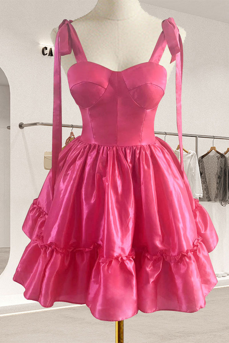 Hot Pink Sweetheart A Line Bow Short Homecoming Dress With Ruffles