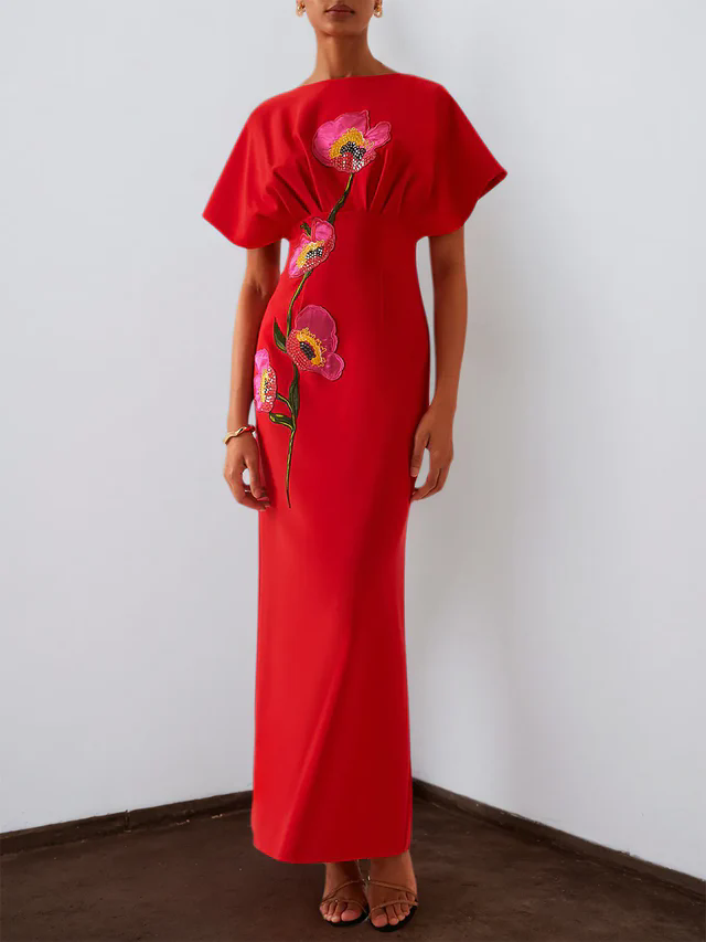 Floral Embroidered Boat Neck Batwing Sleeve Column Evening Gown